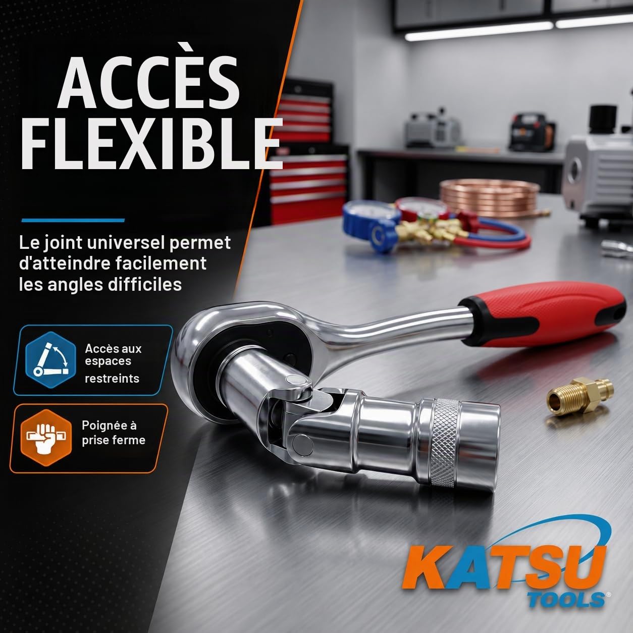 KATSU Jeu de Douilles 1/2" 32 Pièces, Entraînement Métrique 8-32mm Avec Clé à Cliquet à Dégagement Rapide 72 Dents et Barre d'Extension, Outil de Garage de Réparation Automatique 420347