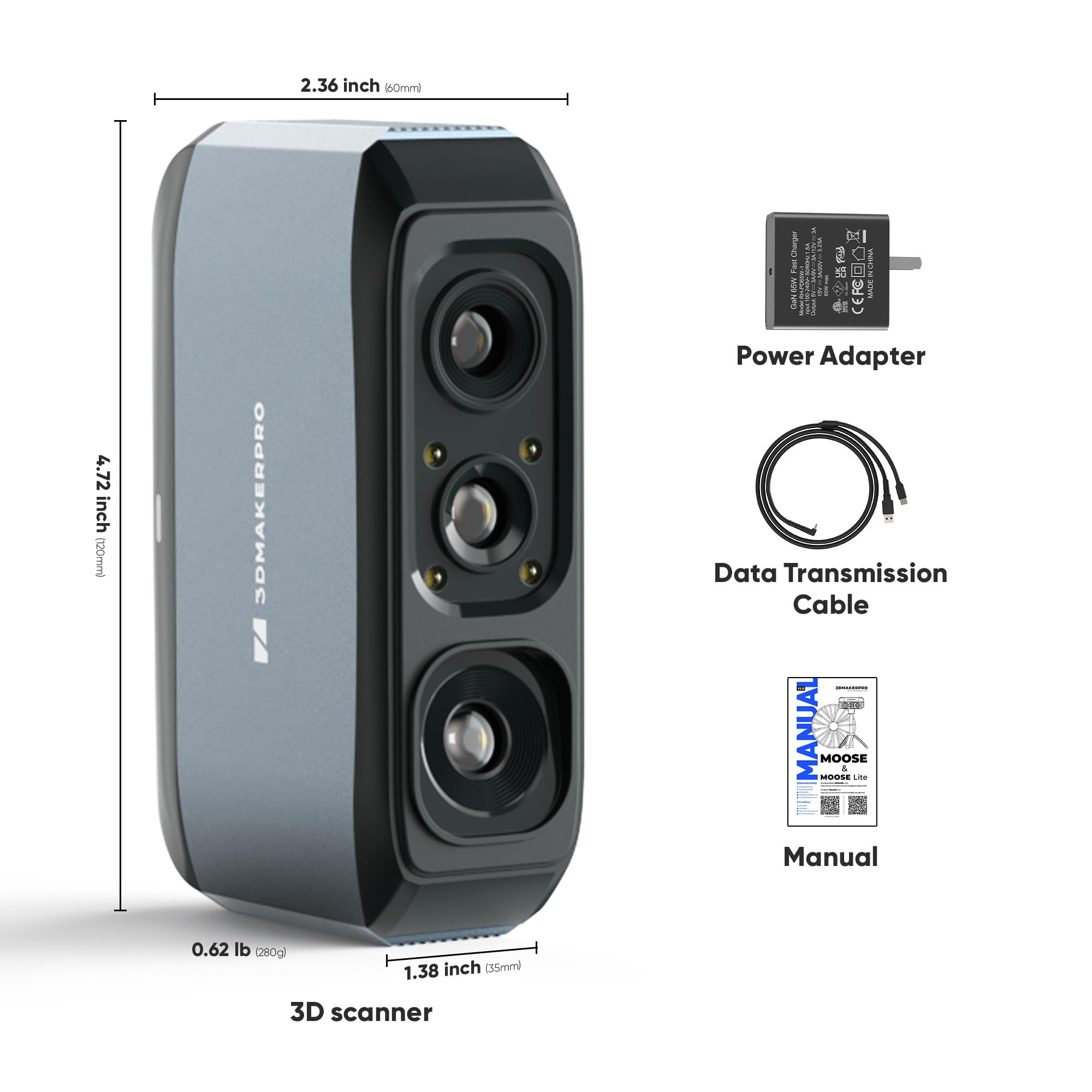 3DMakerpro Moose Scanner 3D per la modellazione 3D: scanner portatile con colori a 24 bit, precisione di 0,03 mm, tecnologia a luce blu, tracciamento AI, Windows/macOS (standard)