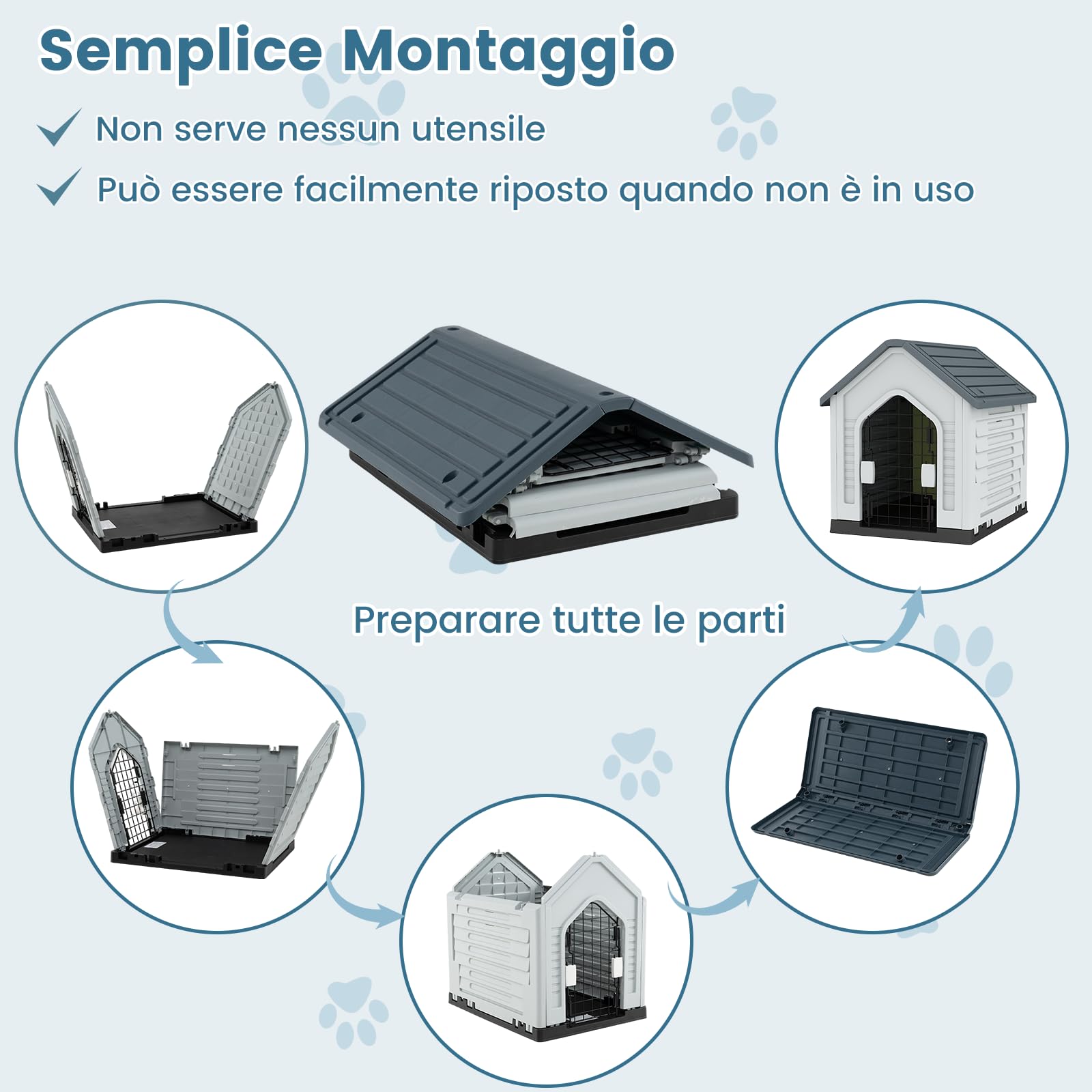 COSTWAY Cuccia per Cani da Esterno ed Interno, Casetta per Cani Impermeabile con Porta in Metallo Bloccabile e Prese d'aria e Tetto Spiovente, Cucce per Cuccioli per Casa, 66,5 x 52 x 60 cm (Grigio)