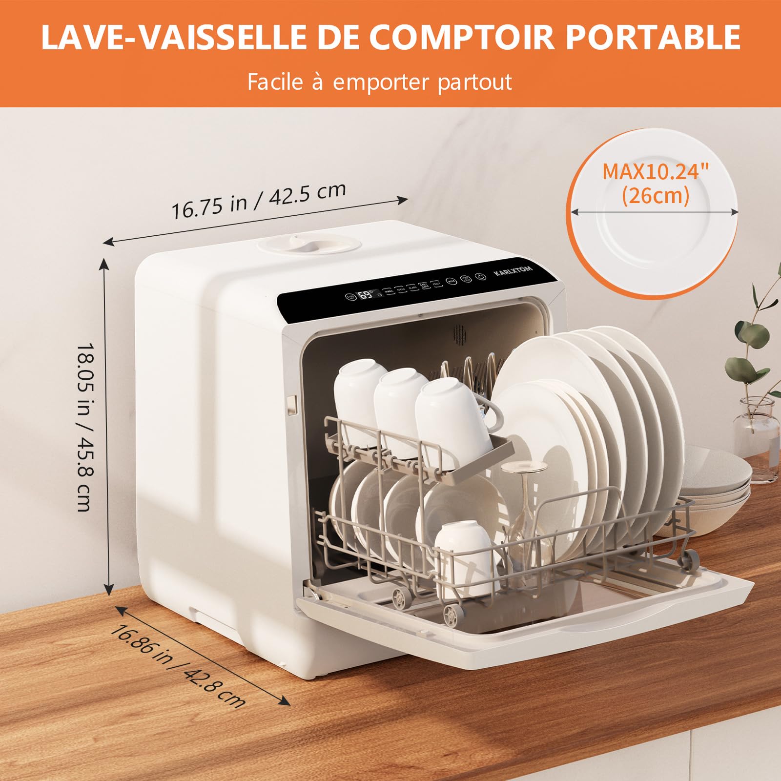Karlxtom Lave-vaisselle de table, Mini Lave-vaisselle avec Comman destactiles à LED, 45CM, 6 Programmes, Lavage des fruits, Soins Pour Bébés