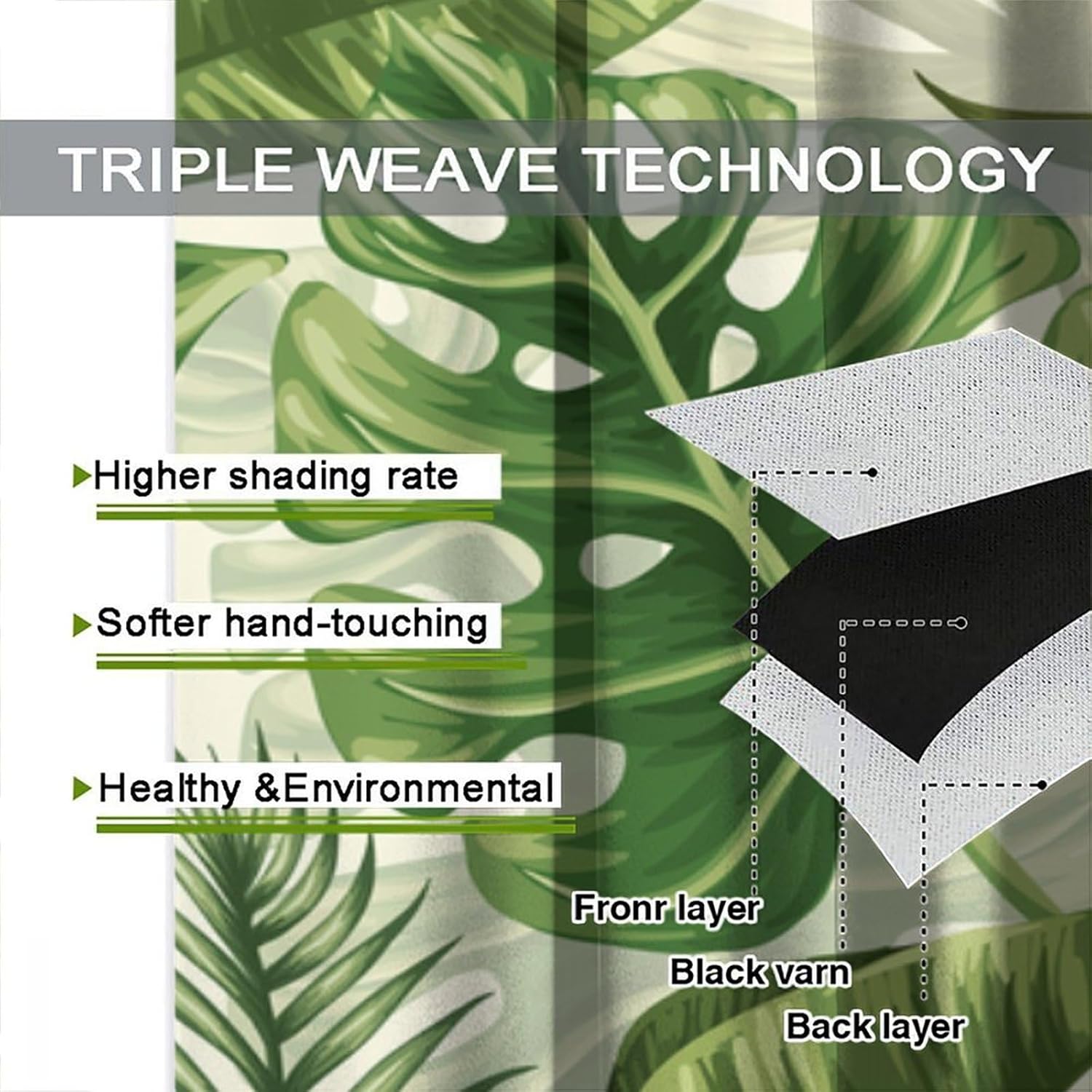 Tropical Leaves Curtain，Summer Vintage Funky Botanical Green Plant Palms Banana Leaf Pattern Blackout Window Treatments，for Child Teens Adults Living Room Bedroom Kitchen Cafe 42" W X 54" L