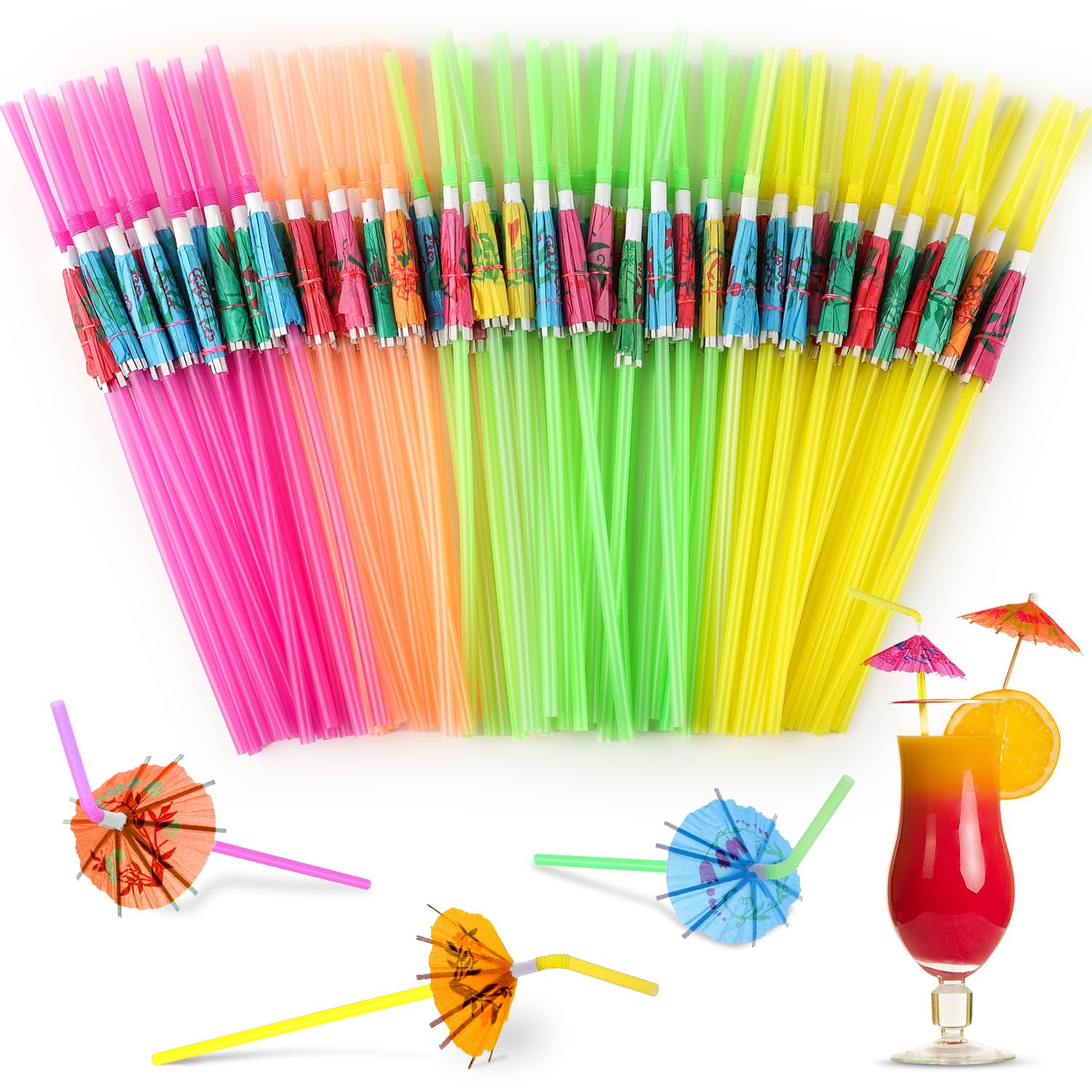 paxcoo 50pc umbrella straws for cocktails tropical hawaiian luau party decorations assorted colors
