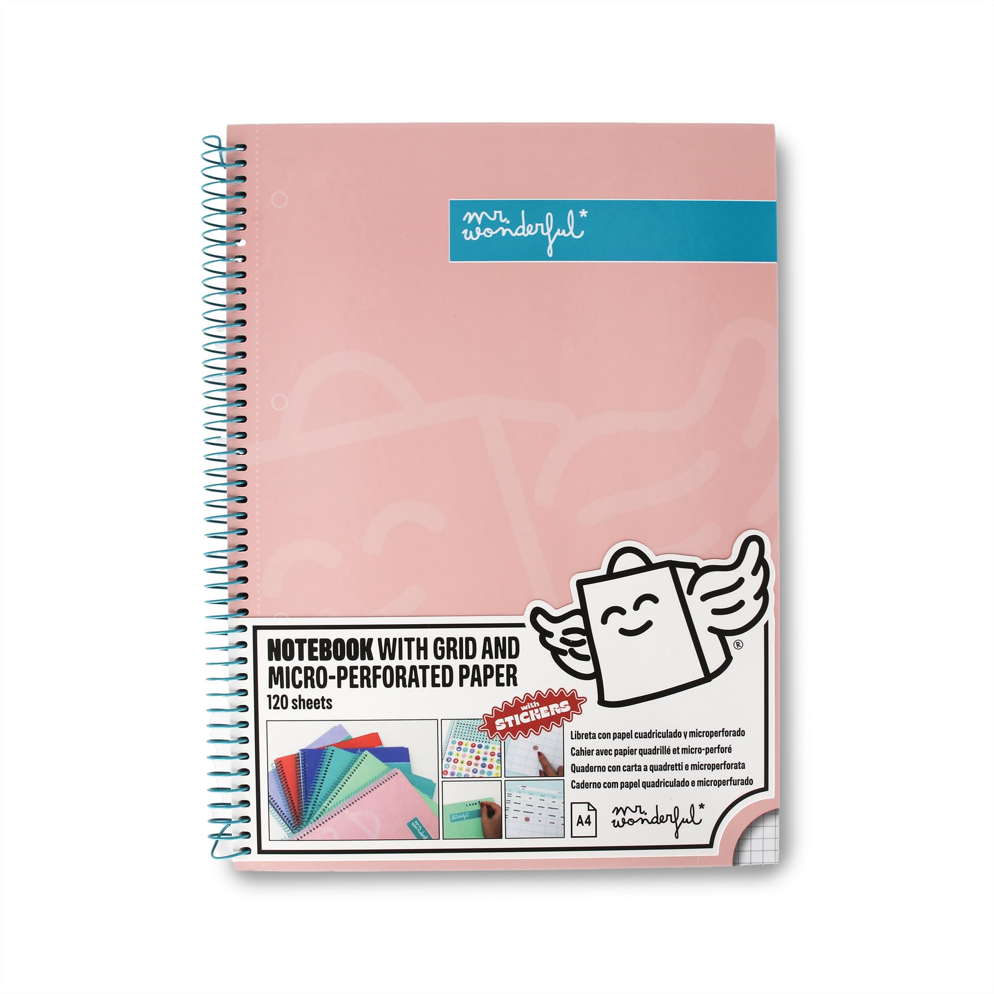 Mr. Wonderful - A4 Pink Notebook - 240 micro-perforated squared pages - Extra hard cover - Spiral Binding- Includes stickers