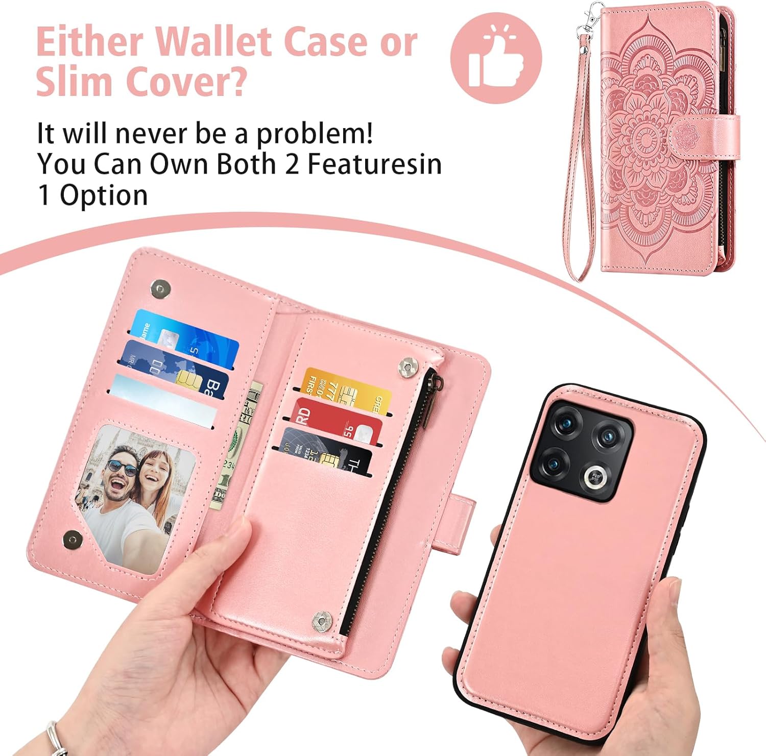 Asuwish Phone Case for OnePlus 10 Pro One Plus 10Pro 5G Zipper Wallet Detachable Cell Cover with Tempered Glass Screen Protector Strap Flower Card Holder On 1Plus 1 + Plus10 1+ Pro Ten Women Rose Gold