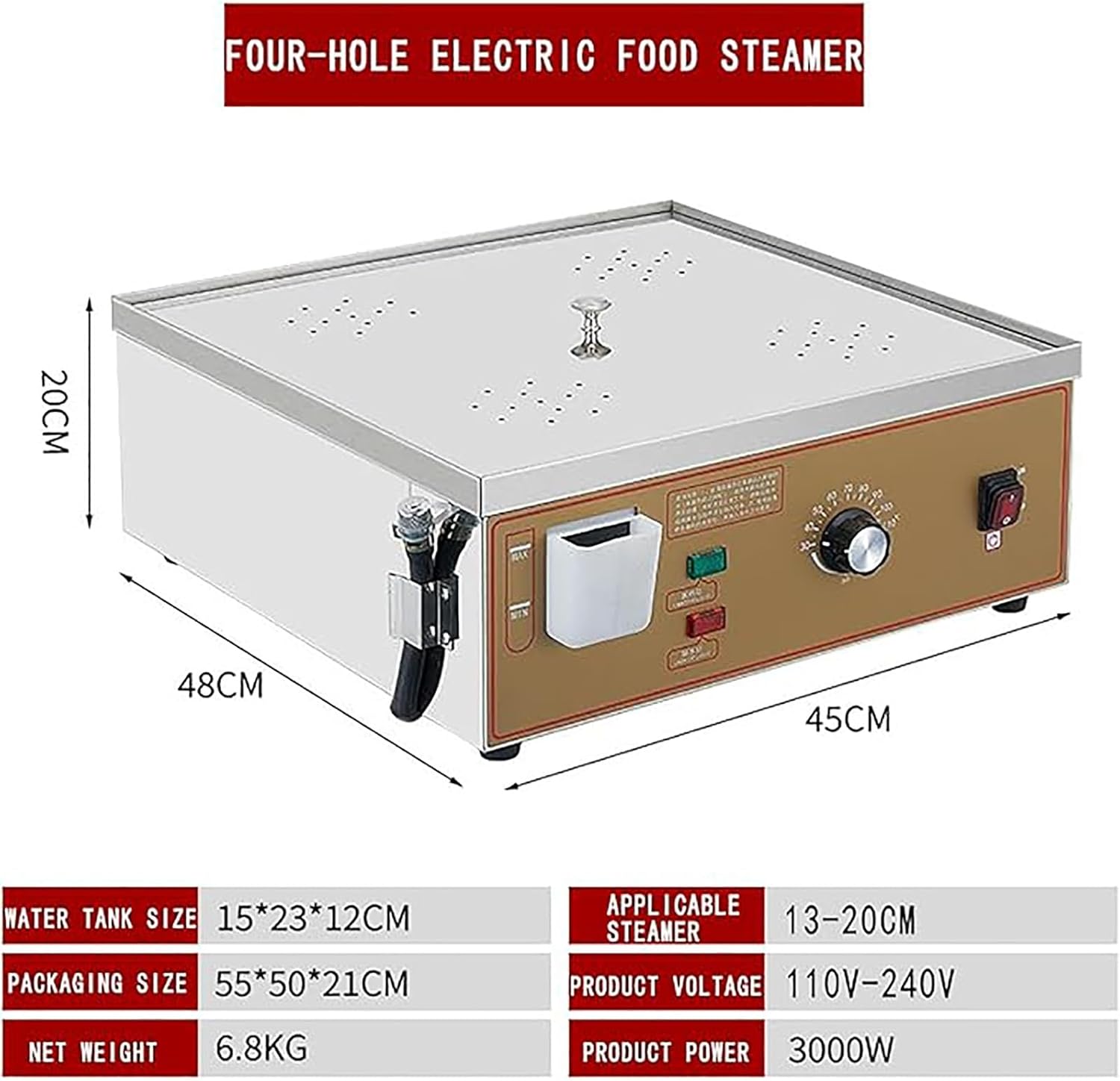 Commercial Electric Dim Sum Steamer 4 6 Hole Steamed Bun Machine Dry Boiling Water Shortage Alarm and Independent Water Supply 30 110℃ Temperature Adjustment Stainless Steel U T,4 Holes