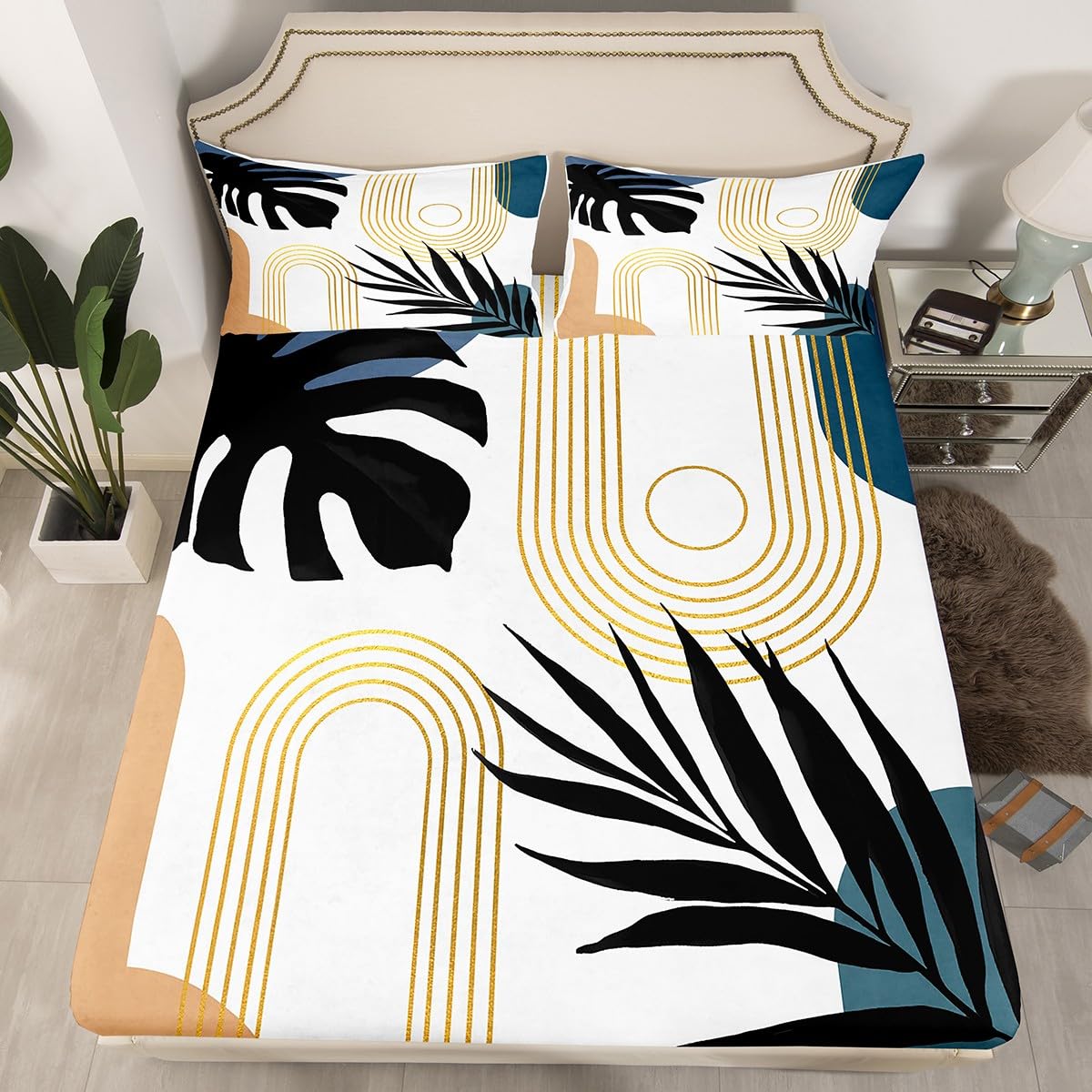 Homewish Juego de sábanas abstractas tropicales dobles, elegante juego de sábanas bohemias de palmera de plantas, juego de ropa de cama minimalista simple de mediados de siglo, sábanas bajeras planas