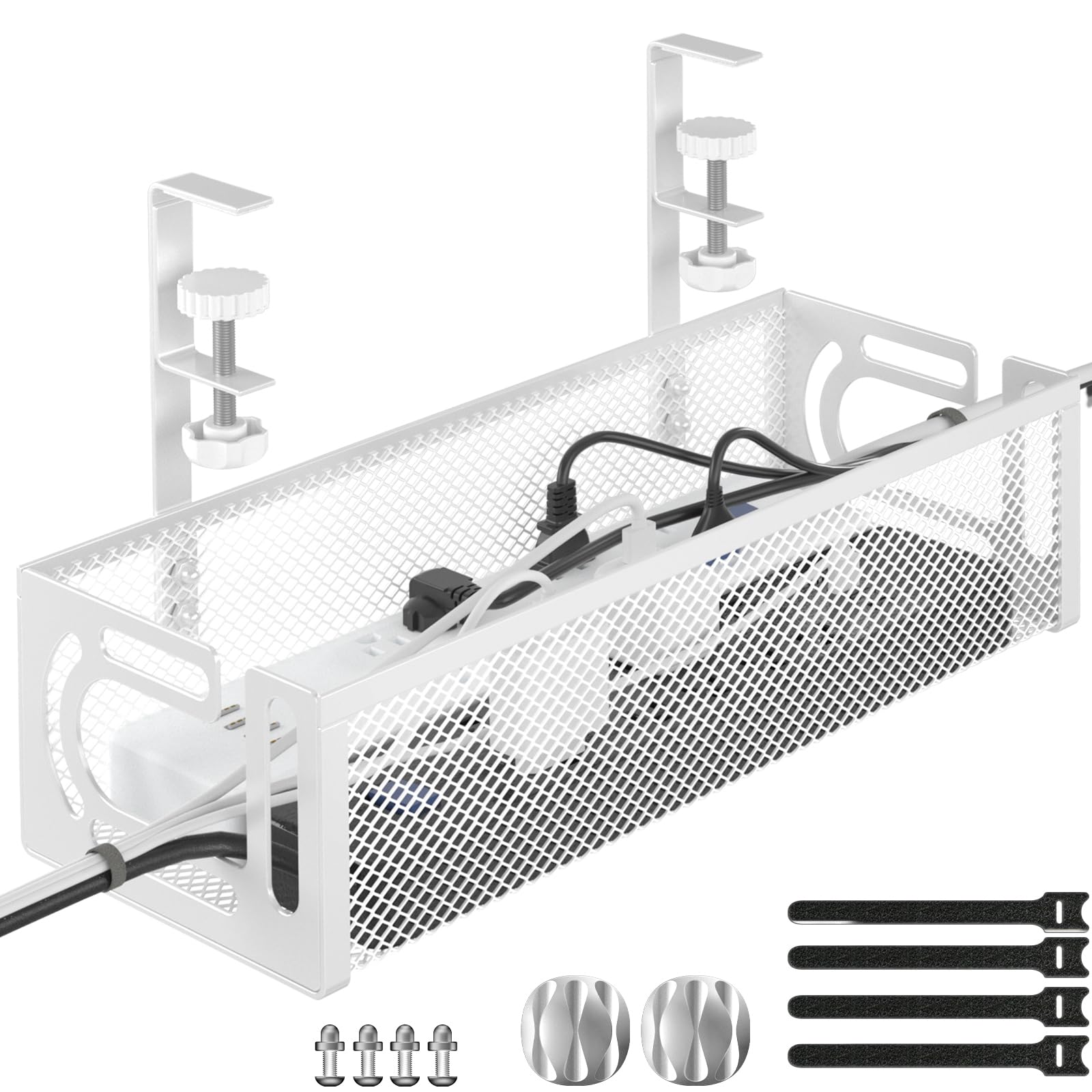 Kabel-Management-Tablett für den Schreibtisch, 39 cm, kein Bohren, Stahl-Schreibtisch-Kabel-Organizer, Drahtmanagement-Tablett, Kabelmanagement-Rack (1 Packung, weiß)