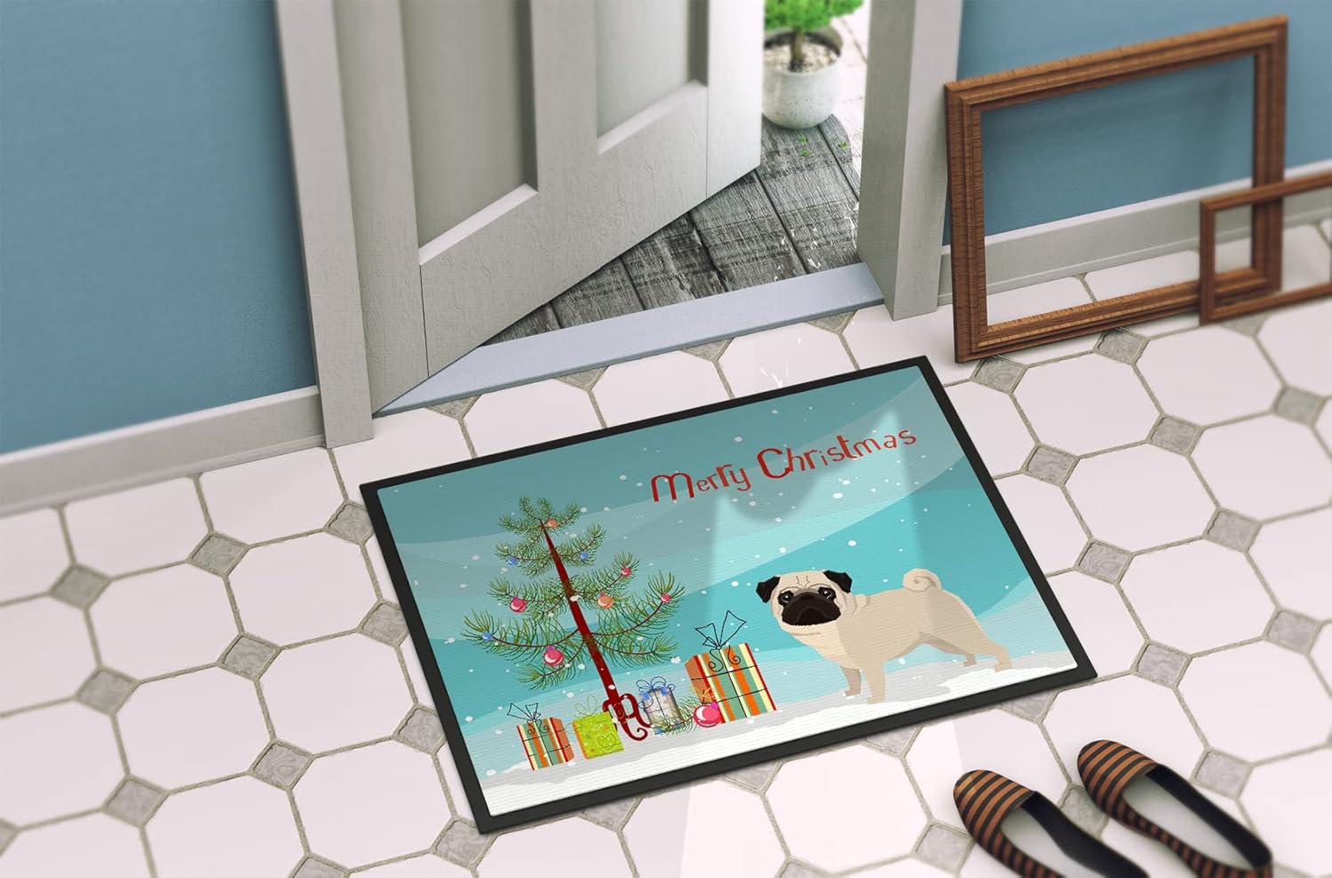 Caroline's Treasures CK3557MAT Pug Christmas Tree Doormat 18x27 Front Door Mat Indoor Outdoor Rugs for Entryway, Non Slip Washable Low Pile, 18H X 27W