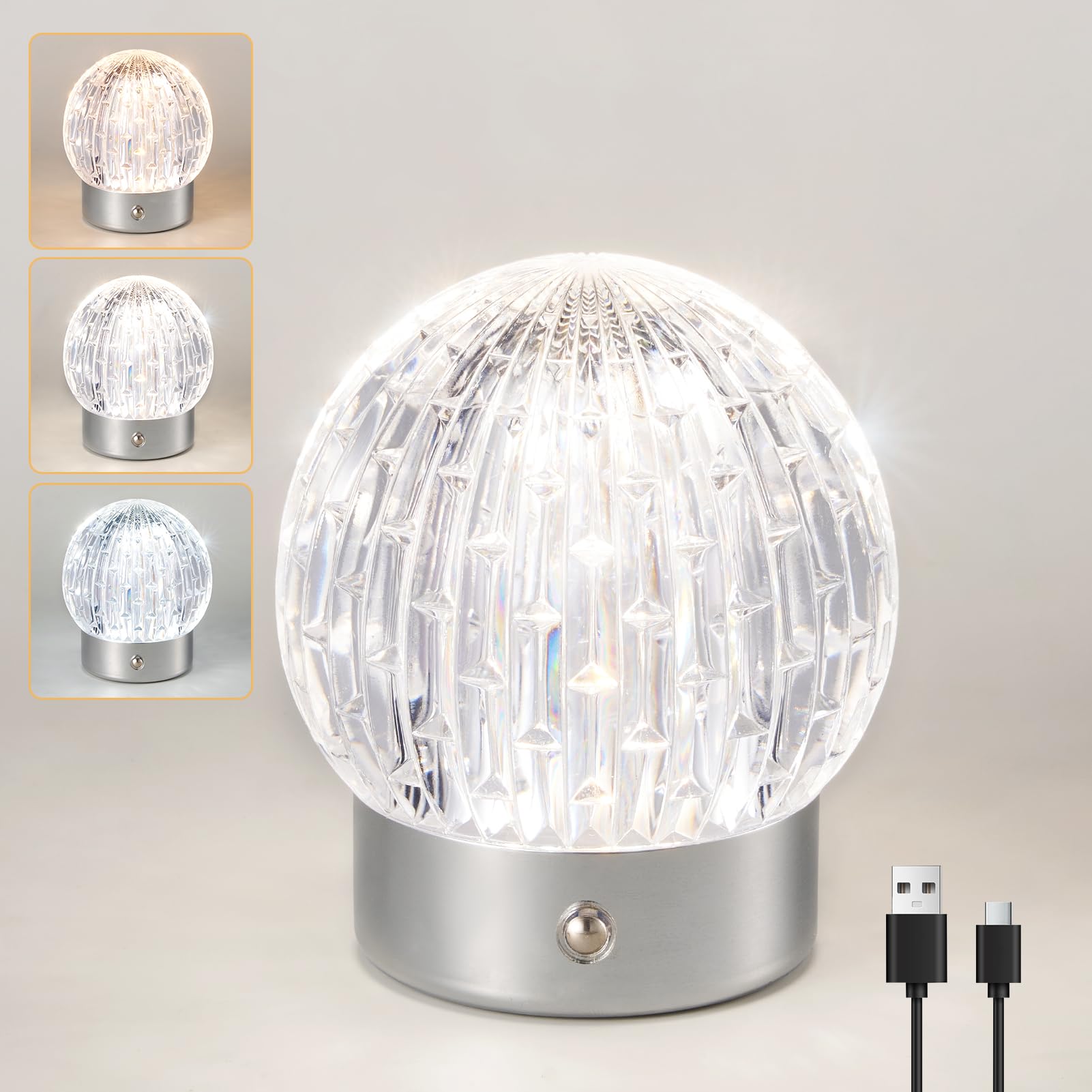 HARPER LIVING Rechargeable Table Lamp, Small Battery Operated Desk Lamp, 3 Colors & Dimmable LED Touch Lamps, Wireless Table Light for Bedside Living Room Kids Room, Globe Shade, Chrome Finish — image 1