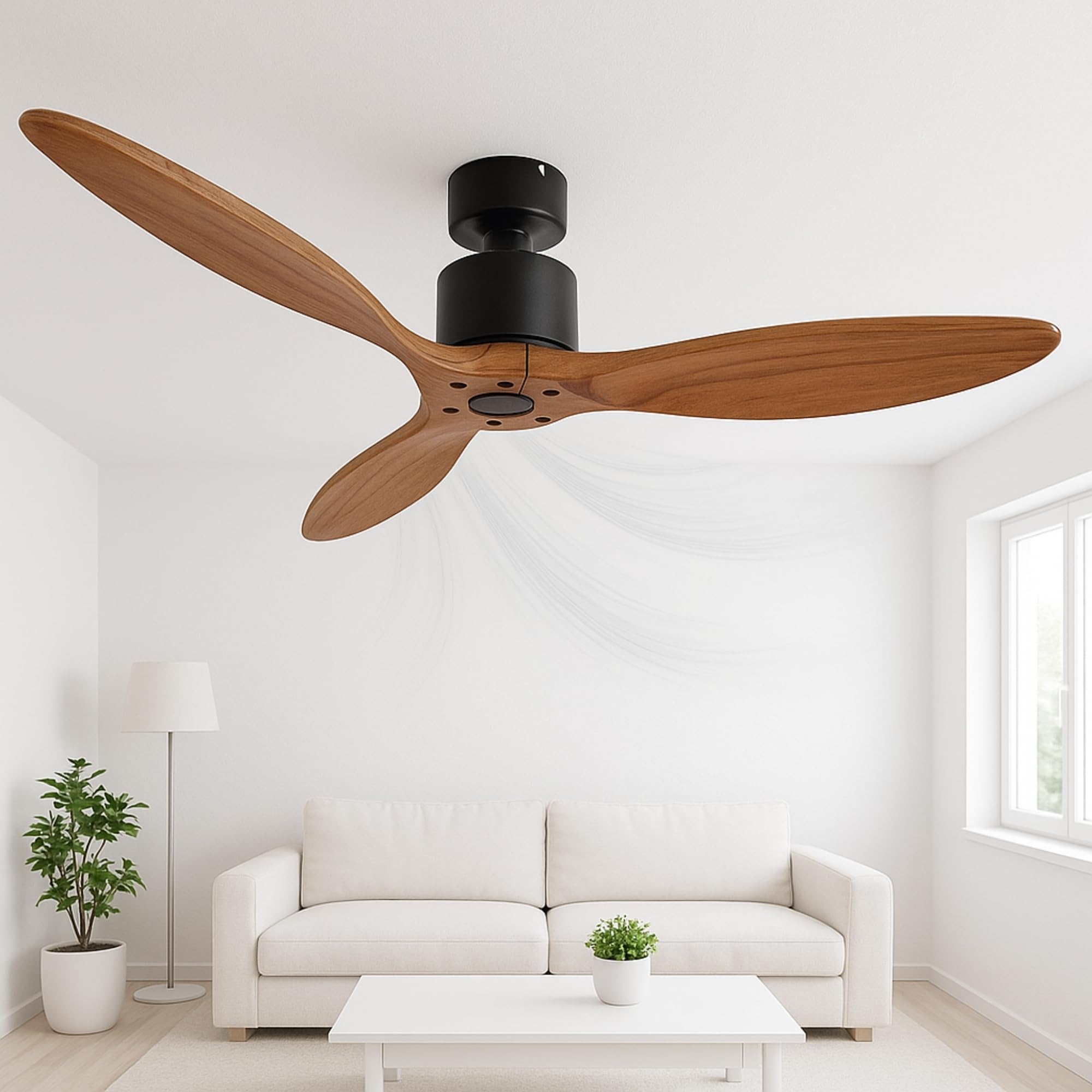 Ventilador de Techo Mistral sin Luz – Motor DC 35 W, Ø 132 cm, Negro con Aspas de Nogal – Silencioso y Eficiente