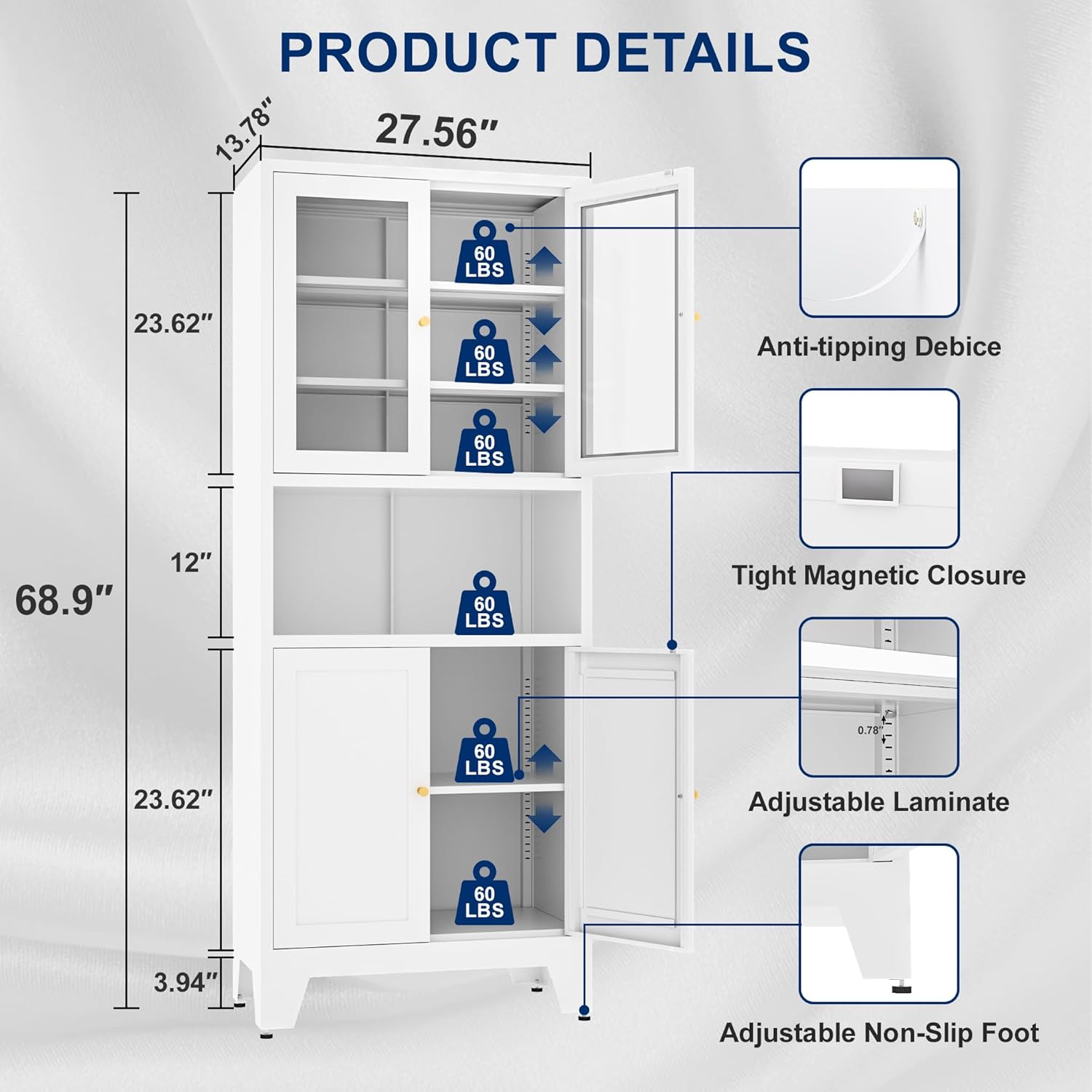 Metal Pantry Storage Cabinet with 2 Glass Doors, 69" Tall Kitchen Pantry Cabinet with 4 Doors & 3 Adjustable Shelves, Microwave Stand for Kitchen, Dining Room, Living Room (1PC,White)