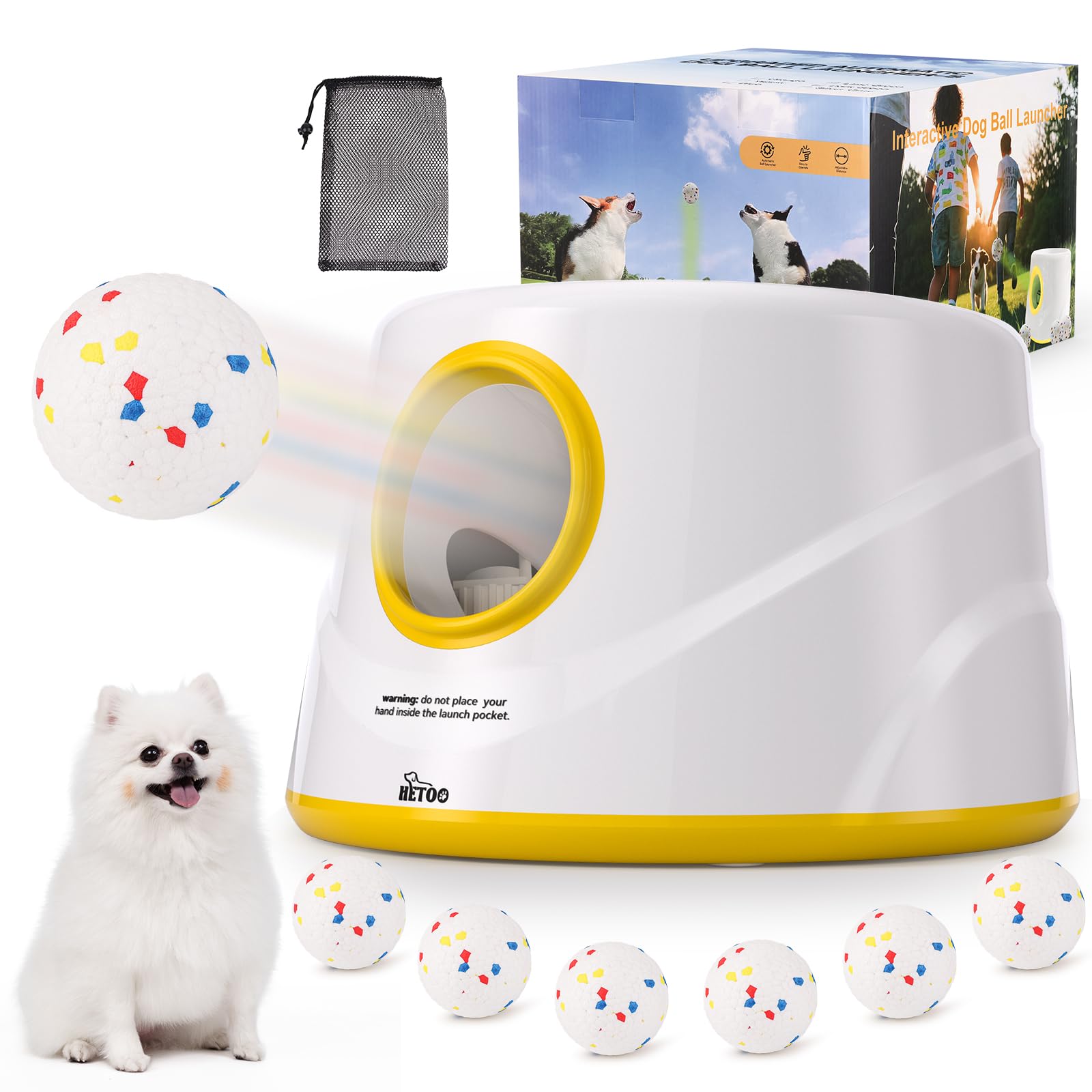 HETOO Lanzador automático de pelotas para perros: lanzador de pelotas para perros, lanzador automático de pelotas de tenis para perros, con 6 pelotas, juguetes interactivos para perros, lanzador de