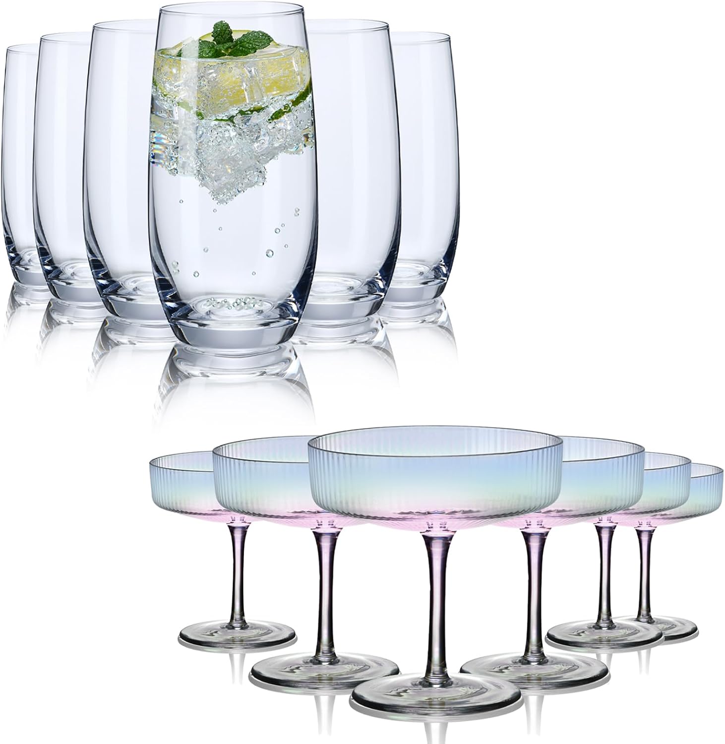 CUKBLESS Drinking Glasses, Highball Water Glasses Set of 6, Iridescent Martini Glasses Set of 6