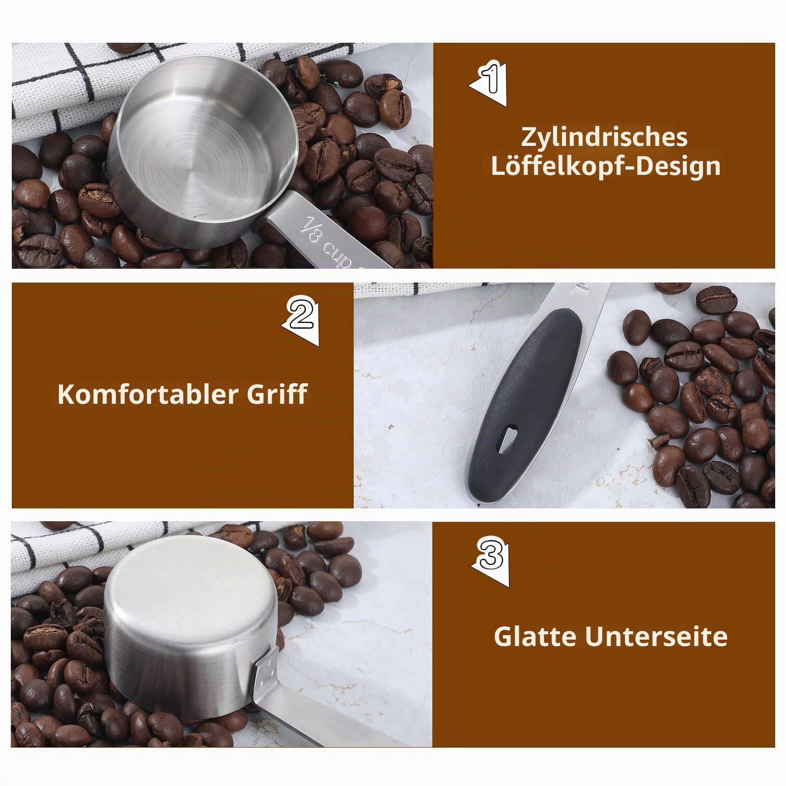 Oruola 2 Stück Kaffeelöffel Portionierer,Edelstahl Kaffeemesslöffel,1/8 Kaffeelöffel Tasse Messbecher,2 EL Kaffee Messlöffel,30 Ml Kaffeedosierlöffel mit Schwarzem Silikongriff