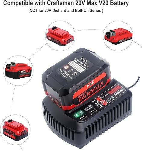 Miniatura 2 de Elefly Cargador rápido de batería CMCB104 V20 compatible con Craftsman 20V cargador de batería CMCB124, compatible con Craftsman 20V Max V20 batería