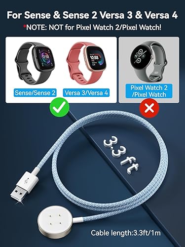 Miniatura 2 de NEWDERY Paquete de 2 cables de carga para Fitbit SenseVersa 3Sense 2Versa 4, cable trenzado duradero de alta calidad, base de carga magnética de