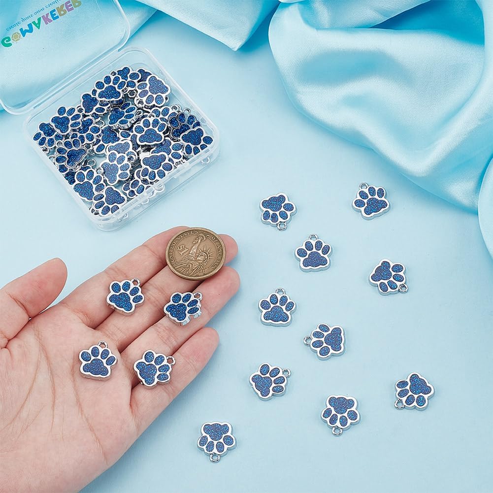 50 Pcs Enamel Dog Paw Print Charms, Alloy Puppy Paw Charms Blue Glitter Footprint Beads Charm for DIY Jewelry Making - Image 3