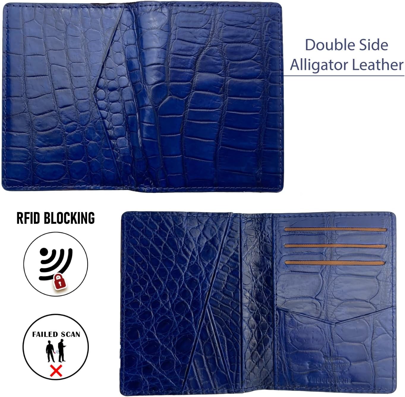 HATA Blue AIIigator Card Holder Slim RFID Blocking Men Minimalist Bifold RFID Blocking Front Pocket Wallet Double Side Travel ID Case Handmade Gift Birthday Wedding Anniversary Father's Day VINAM-86