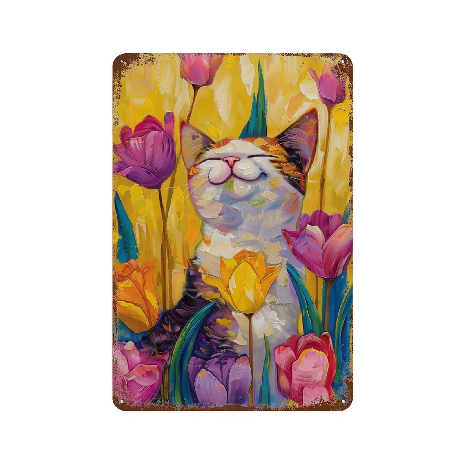 YHGERTKU Happy Cat in Tulip Garden 04 Wall Retro Iron Vintage Art Metal Tin Sign Poster Modern Decor for Living Rooms 30x20cm