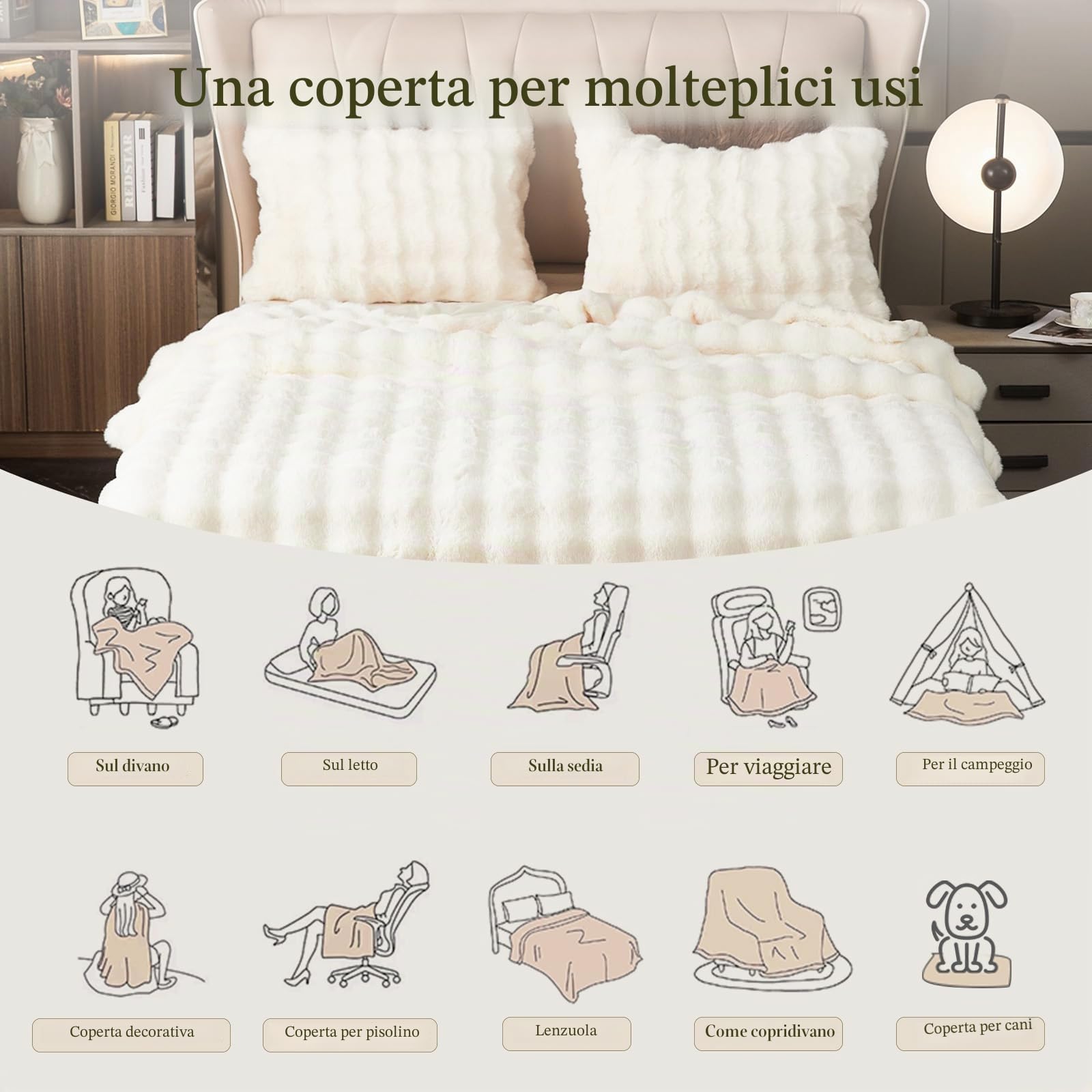 GKXLH Coperta Peluche Coperta Soffice - Coperte morbide Coperta di lanci per il letto, Caldo accogliente divano tiro, coniglio coperte di pelliccia sintetica e coperte per letto divano Sofa (Bianco)