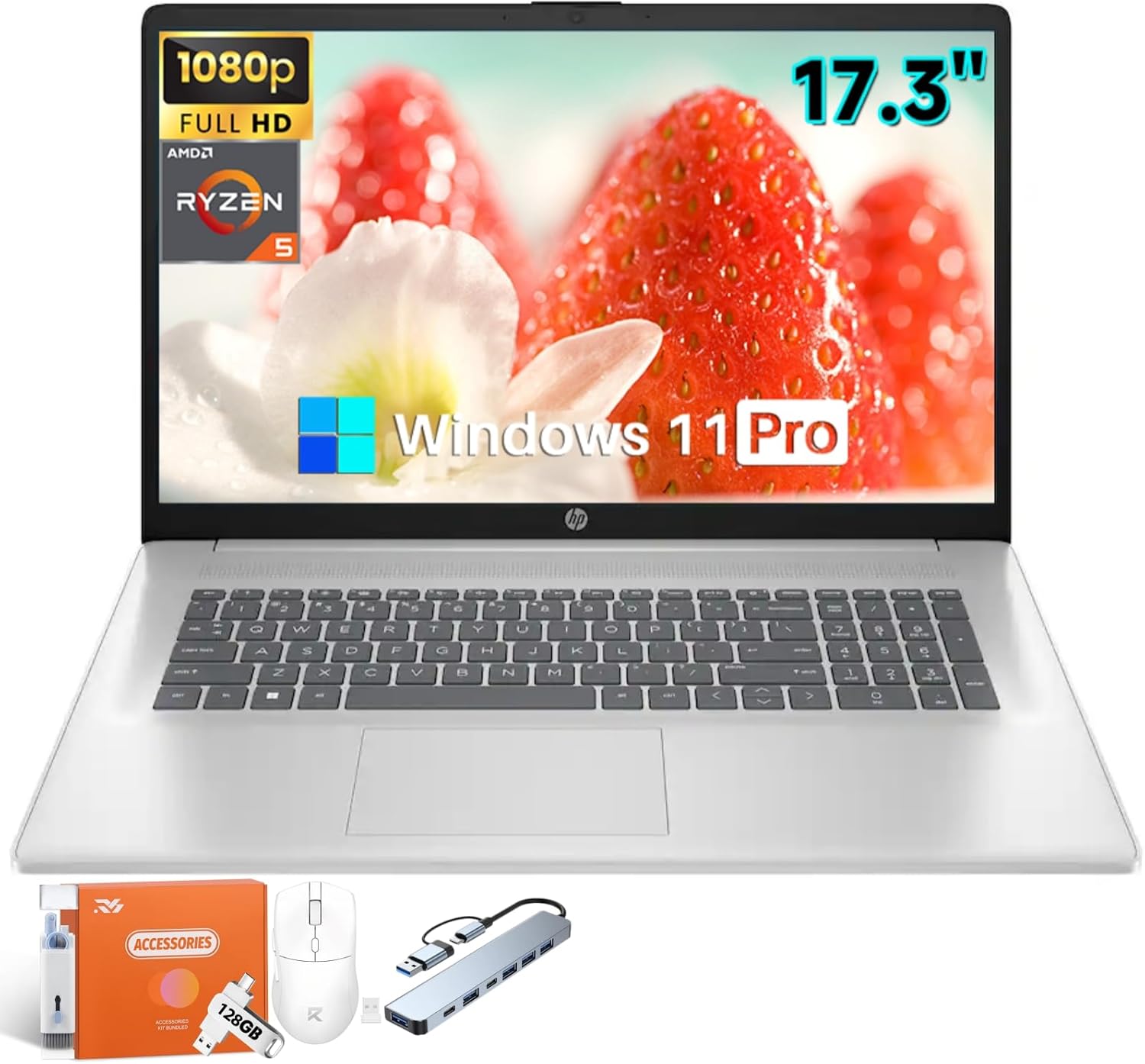 HP 17 Inch Laptop, AMD Ryzen 5 (Beats i7-11370H), 64 GB RAM, 2 TB SSD, AMD Radeon Graphics, 17.3" Full HD IPS Display, Anti-Glare, Windows 11 Pro, Wi-Fi 6, Webcam, HP Fast Charge, w/Accessories