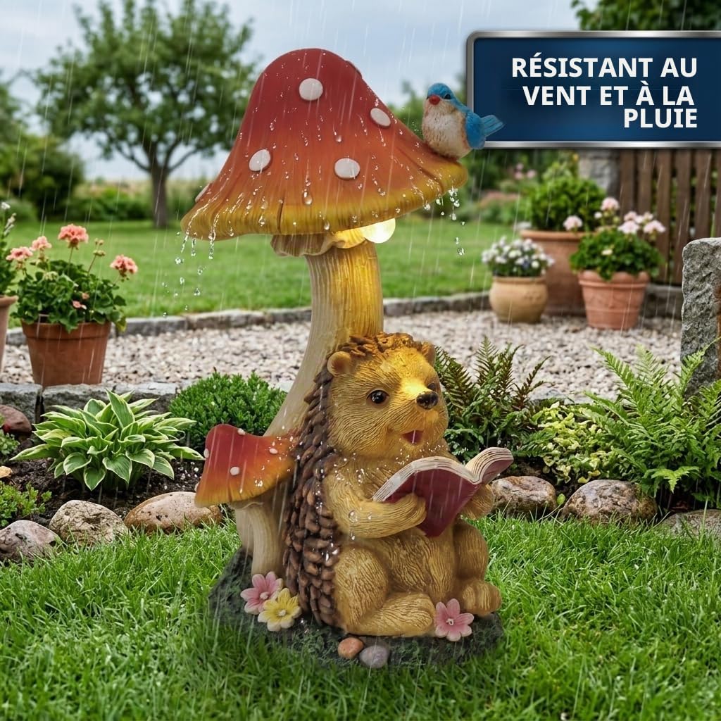 TERESA'S COLLECTIONS Decoration Jardin Exterieur Hérisson et Champignon,Figurine d'animaux avec Lampe Solaire, Décor d'art Original,17.5cm,Cadeau Femme (M)
