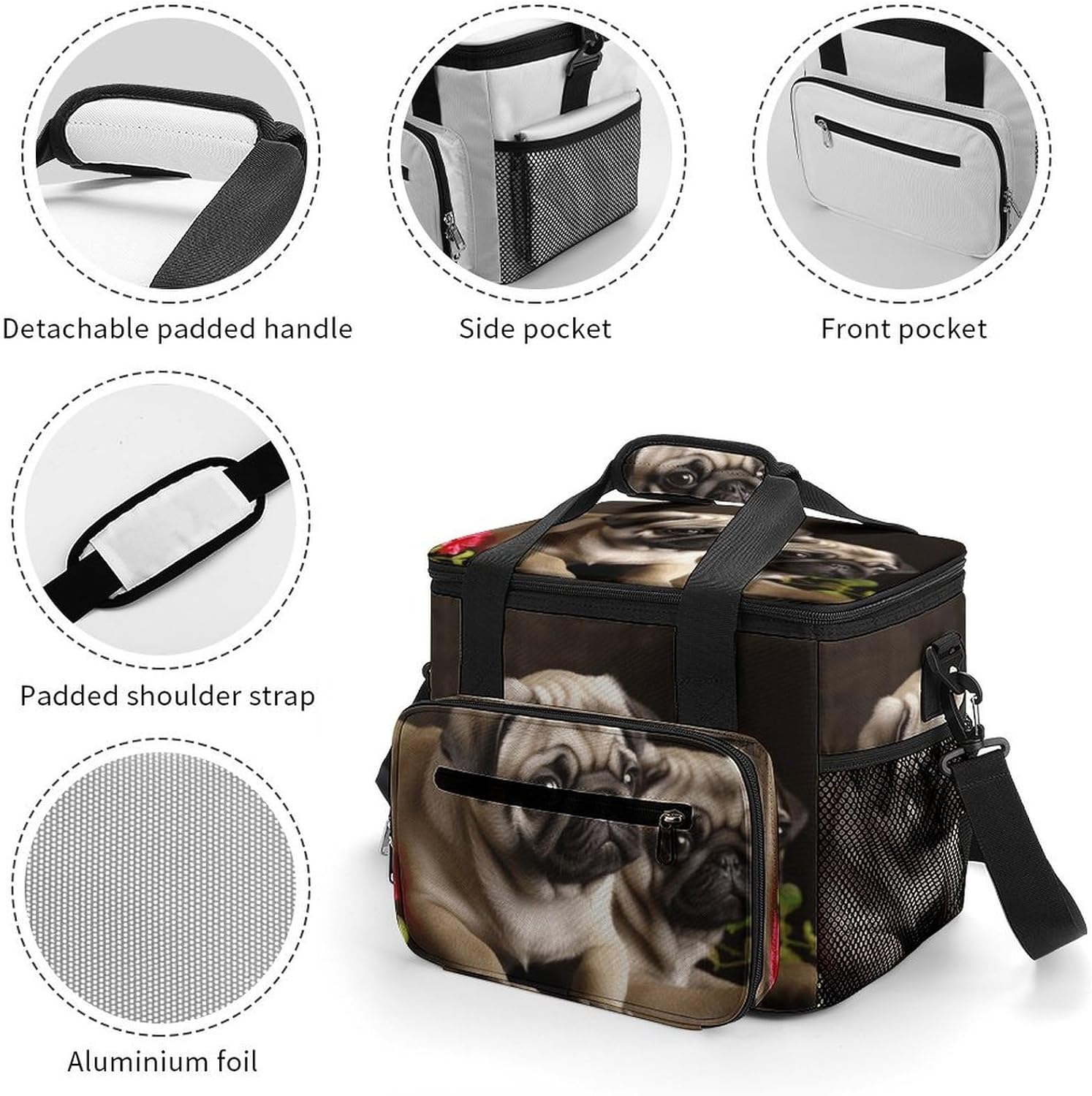 Puppys Pug Cooler Bags Portable Soft Cooler Bag Lightweight Ice Chest Insulated Lunch Bags Camping Cooler Bag Cooler Lunch Tote Coolers for Picnic Travel Beach