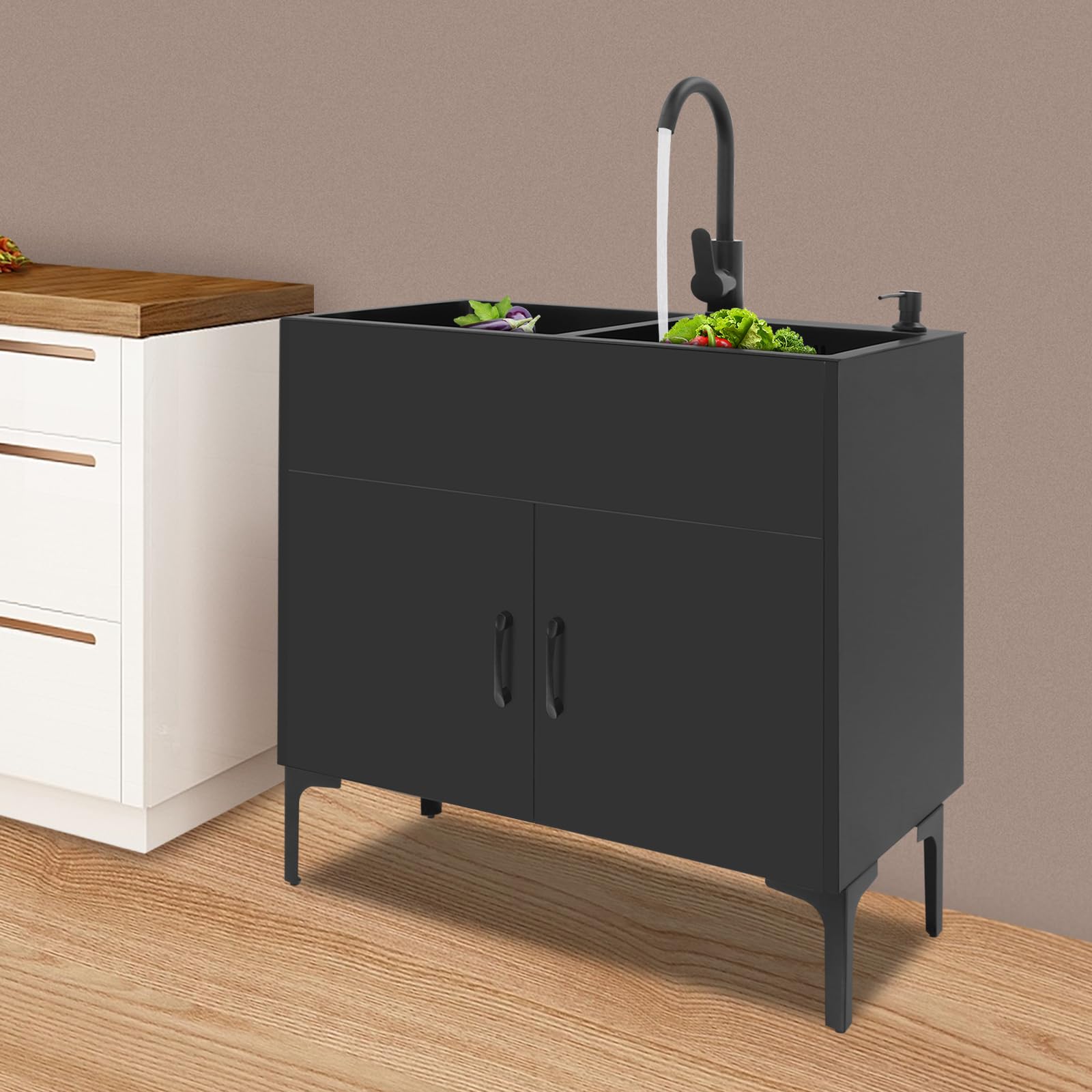 Lavandino da cucina a scomparsa, lavandino con mobile e rubinetto, lavandino in acciaio inox con 2 vasche, tubi di scarico a V e cestello di scarico, per uso esterno, aziende agricole, garage