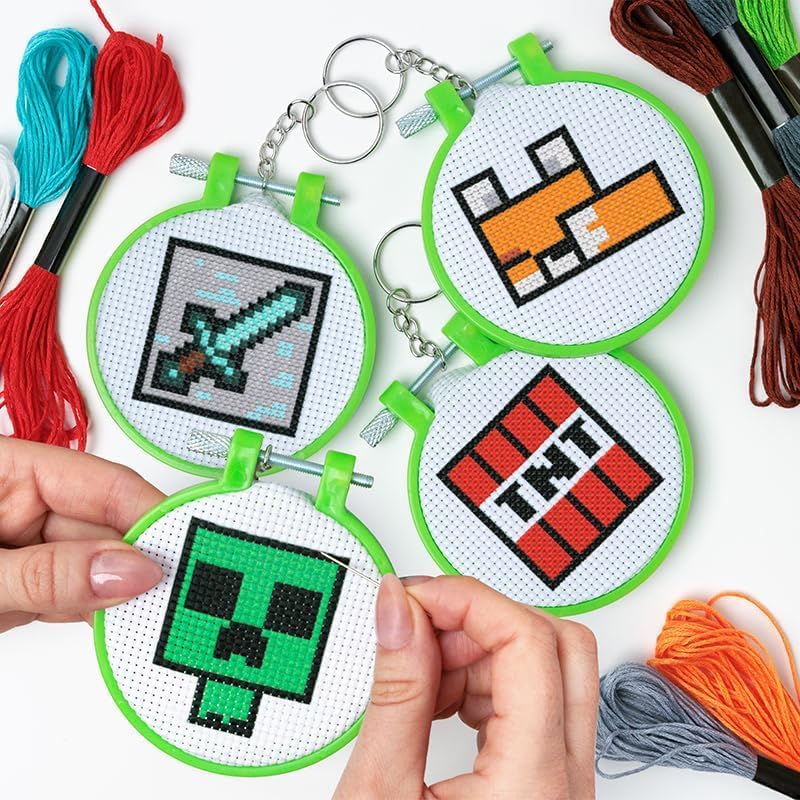 Paladone Minecraft Officially Licensed Cross Stitch Charm Set of 4, Creeper, TNT, Sword and Fox, Idea Gamer Gift for Boys and Gifts, Arts and Crafts DIY Gaming Decor and Accessory