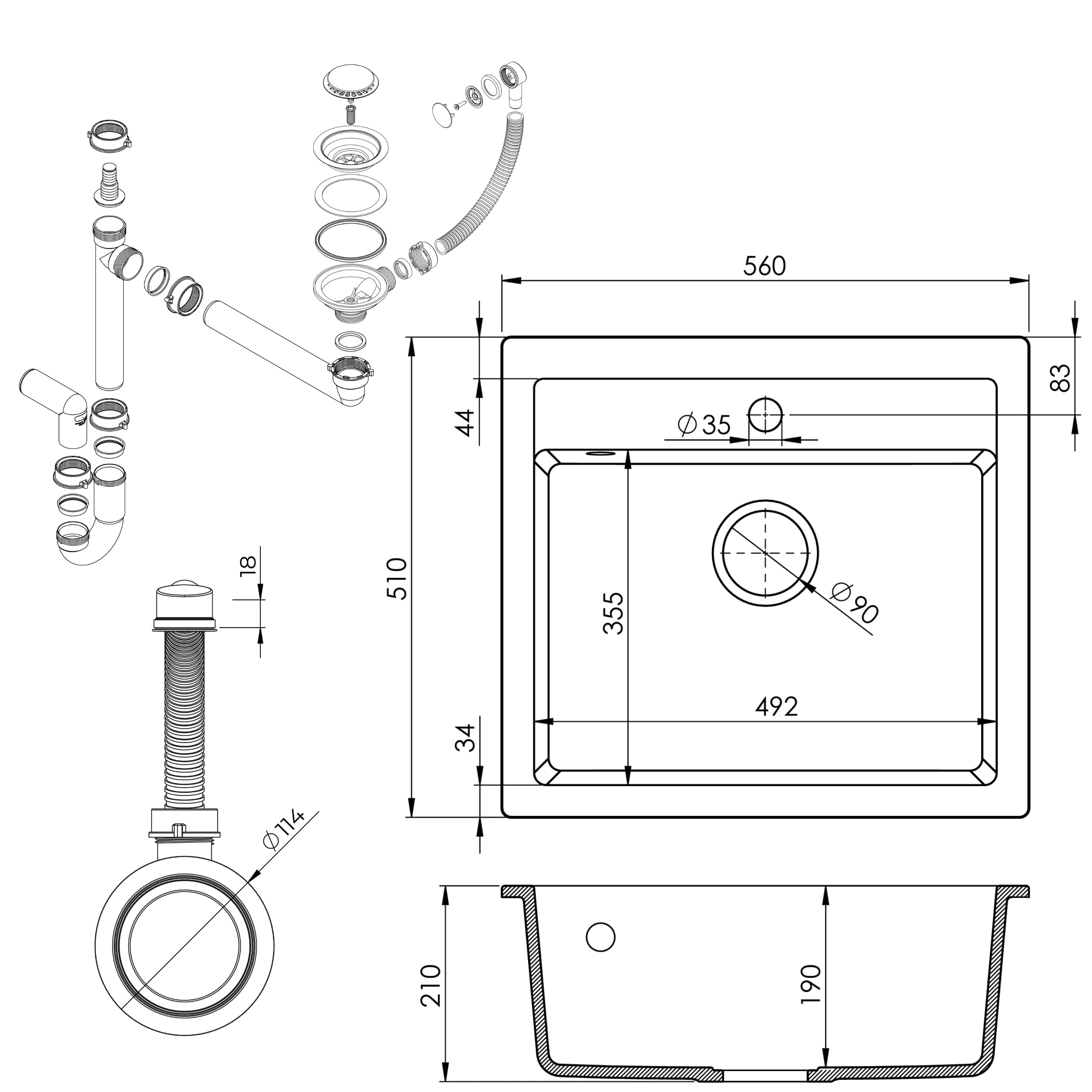 SINK Quality Zlewozmywak Jednokomorowy Czarny 56x51 cm - W zestawie syfon z Pop Up i impregnat - Granitowy Zlew Kuchenny do szafki o szerokości od 60 cm