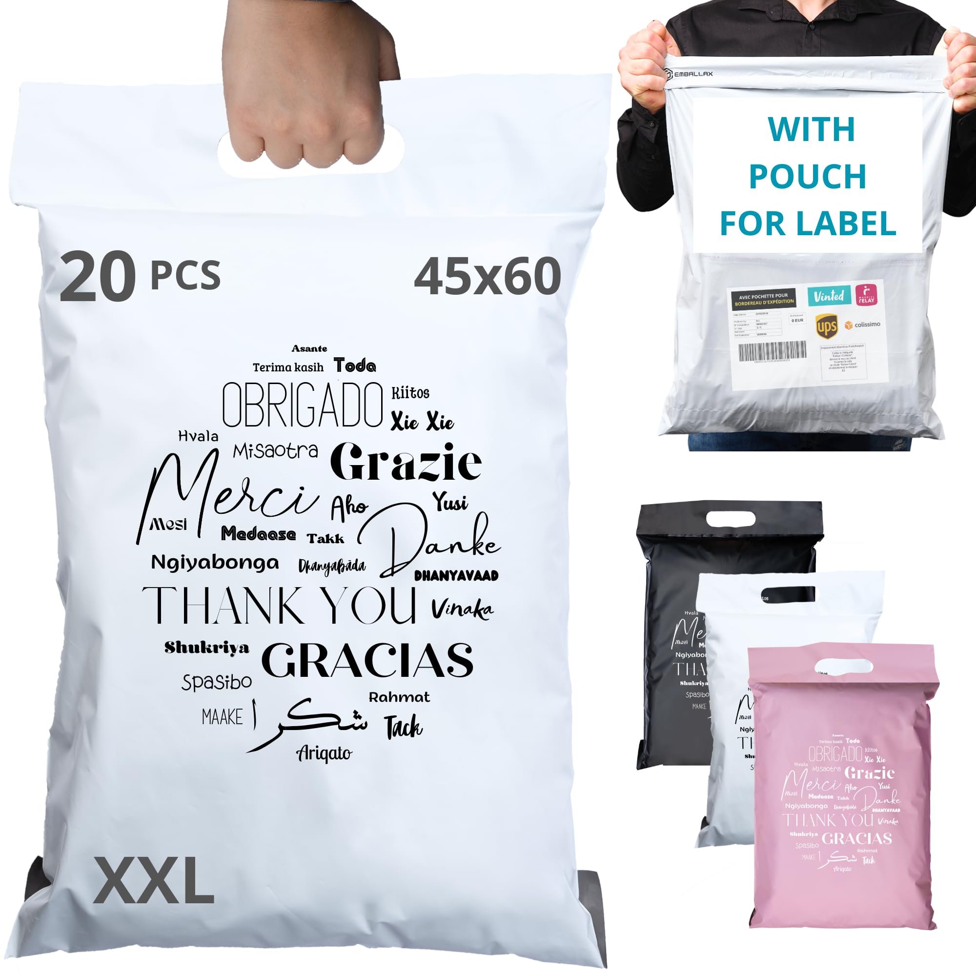 EMBALLAX - 20 vintage mailing pouches with slip pocket - large XXL size 60 x 45 cm - durable plastic envelope - packaging clothing box bag - thank you handle