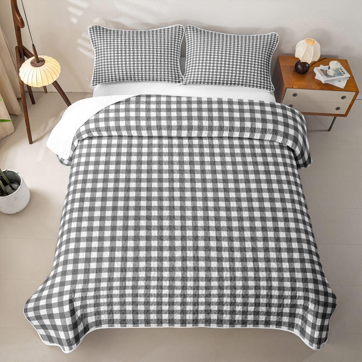 Feelyou Gingham Quilt Queen Size for Kids Boys Girls
