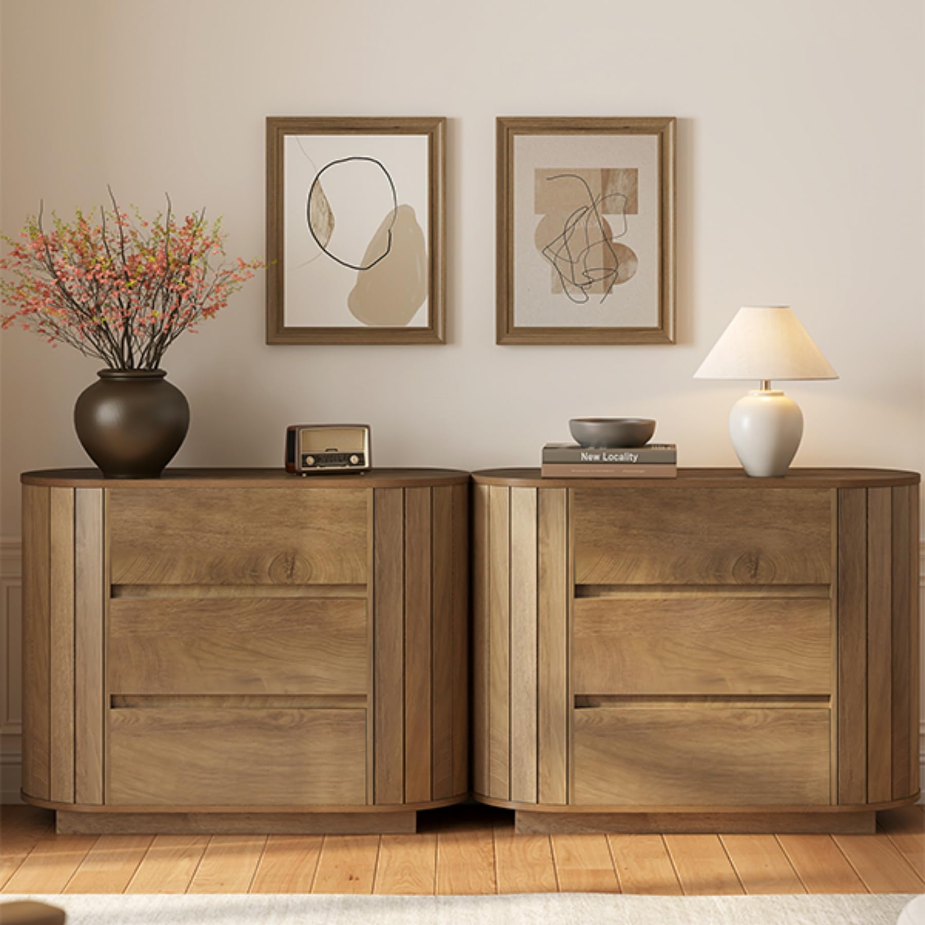 Photo 1 of **PARTIAL SET ONLY 1 NIGHTSTAND*** LITTLE TREE Large Nightstand, Oversized Night Stand Set 2, Slatted Side Design Wood Nightstand, 35" Wide End Tables, Modern Dresser with 3 Drawers for Bedroom,Entryway, Oak 2PCS