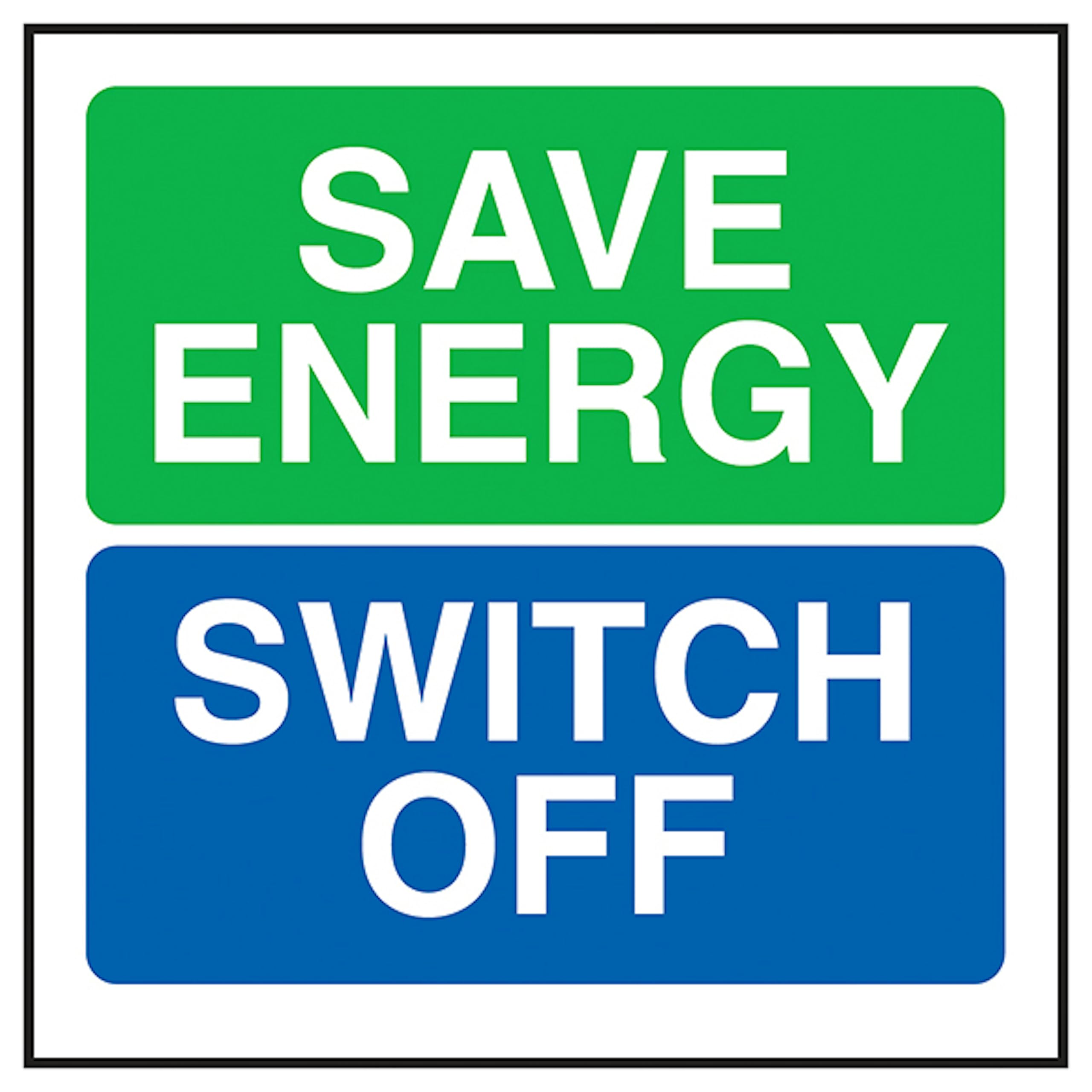 V Safety Save Energy Switch Off 100 x 100 mm - Glow In The Dark 1mm Rigid Plastic Safety Sign