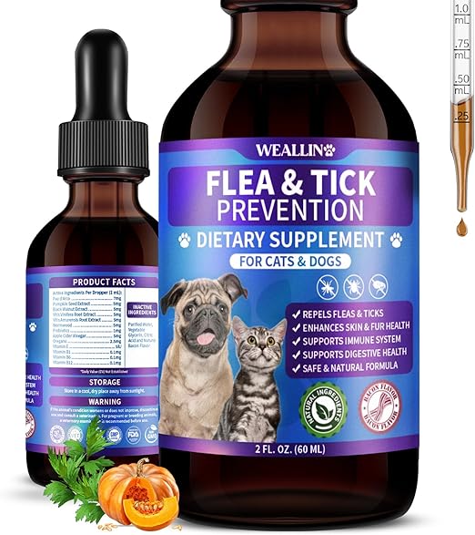 Flea and Tick Prevention Support for Cats and Dogs Natural Flea Treatment Drops with Multivitamin for Pets Oral Natural Supplement Flea and Tick Treatment Drops for All Breeds and Ages