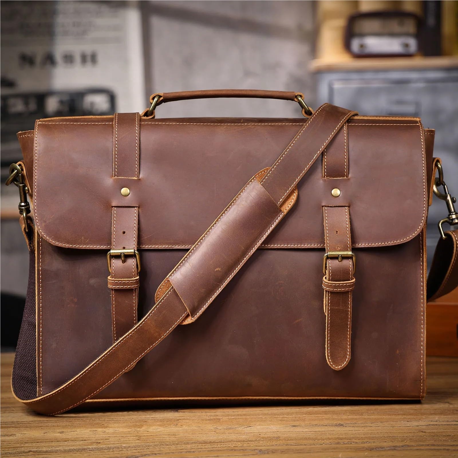 Vintage Men's Leather Briefcase 15" Laptop Bag, Messenger Bags For Work Business Handbag