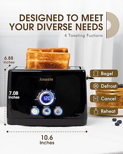 Miniatura 4 de Tostadora de 2 rebanadas, tostadora de pan retro con pantalla LED, tostadoras de ranuras extra anchas con 6 ajustes de tostado del pan, bagel