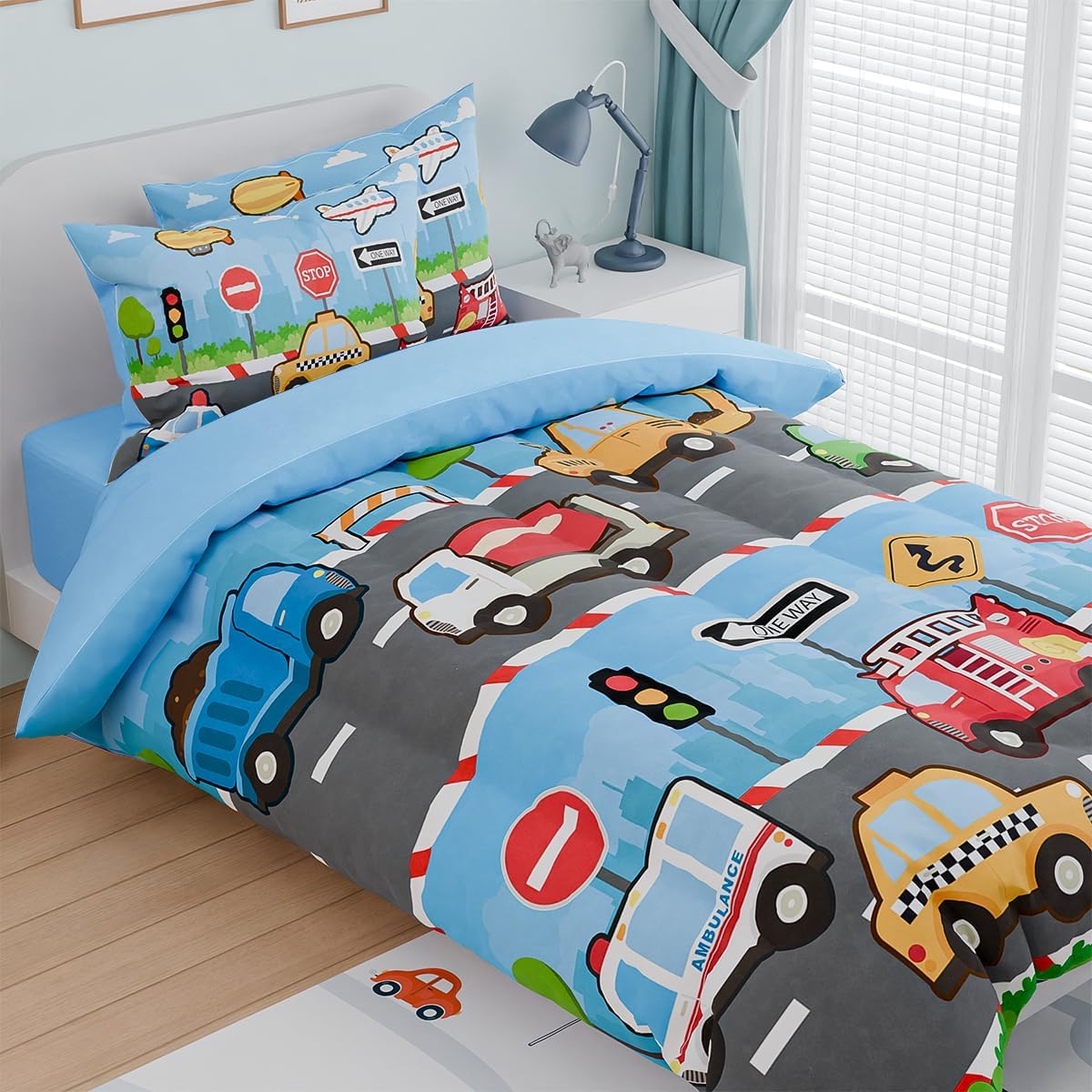 Transportation Kids Bedding Set for Boys, Ultra Soft Microfiber Comforter Set Twin Size with 3-Pieces, Comforters Bed Sets for Boy Children Kids