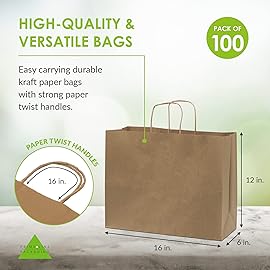 Prime Line Packaging Brown Paper Bags, Kraft Shopping Gift Bags with Handles for Small Business, Retail, Boutique & Grocery Use, To Go, Events, Bulk, 16x6x12, 100 Pack
