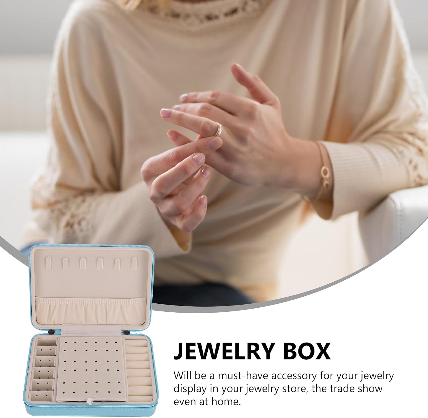 Portable Jewelry Organizer Box Travel Jewelry Case with Zipper Light Blue Pocket Style for Earrings Rings and Accessories Storage image 3