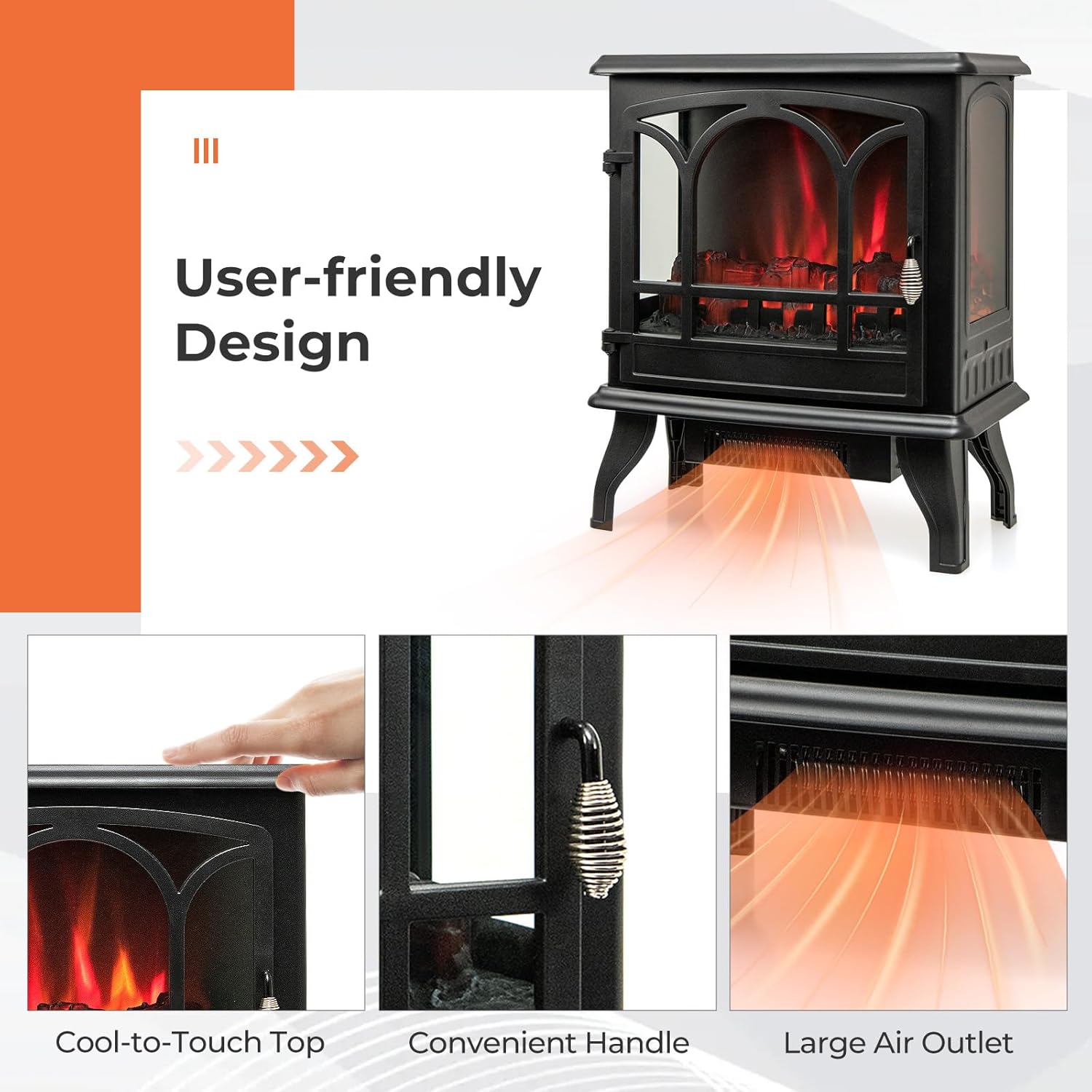 ARLIME 23” Electric Fireplace Stove, Freestanding Fireplace Heater w/ 3D Realistic Flame Effect, Adjustable Heat, Overheating Safety System, Small Electric Fireplace, Black