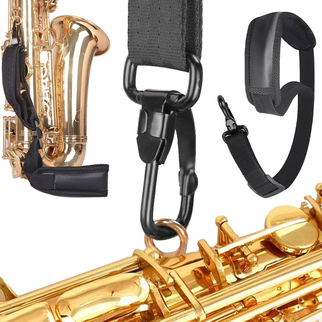 ZKGYUS Sangle de Saxophone, Sangle rembourrée pour saxophone Sax, Ceinture de Sax, Strap avec crochet en métal, Sangle de Portage Noir
