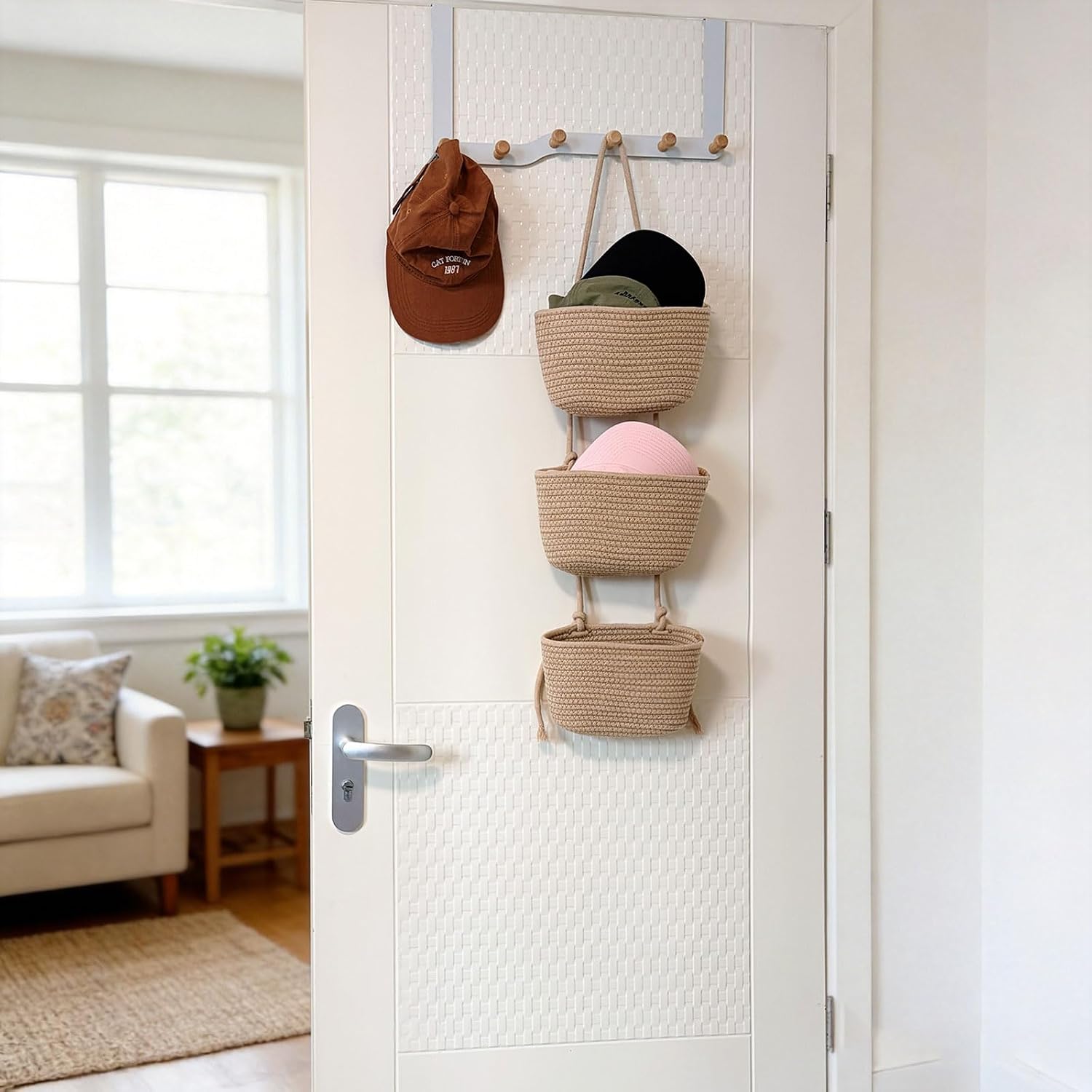 3-Tier Decorative Cotton Rope Hanging Basket, Wall-Mounted Woven Storage Organizer Bag, Jute