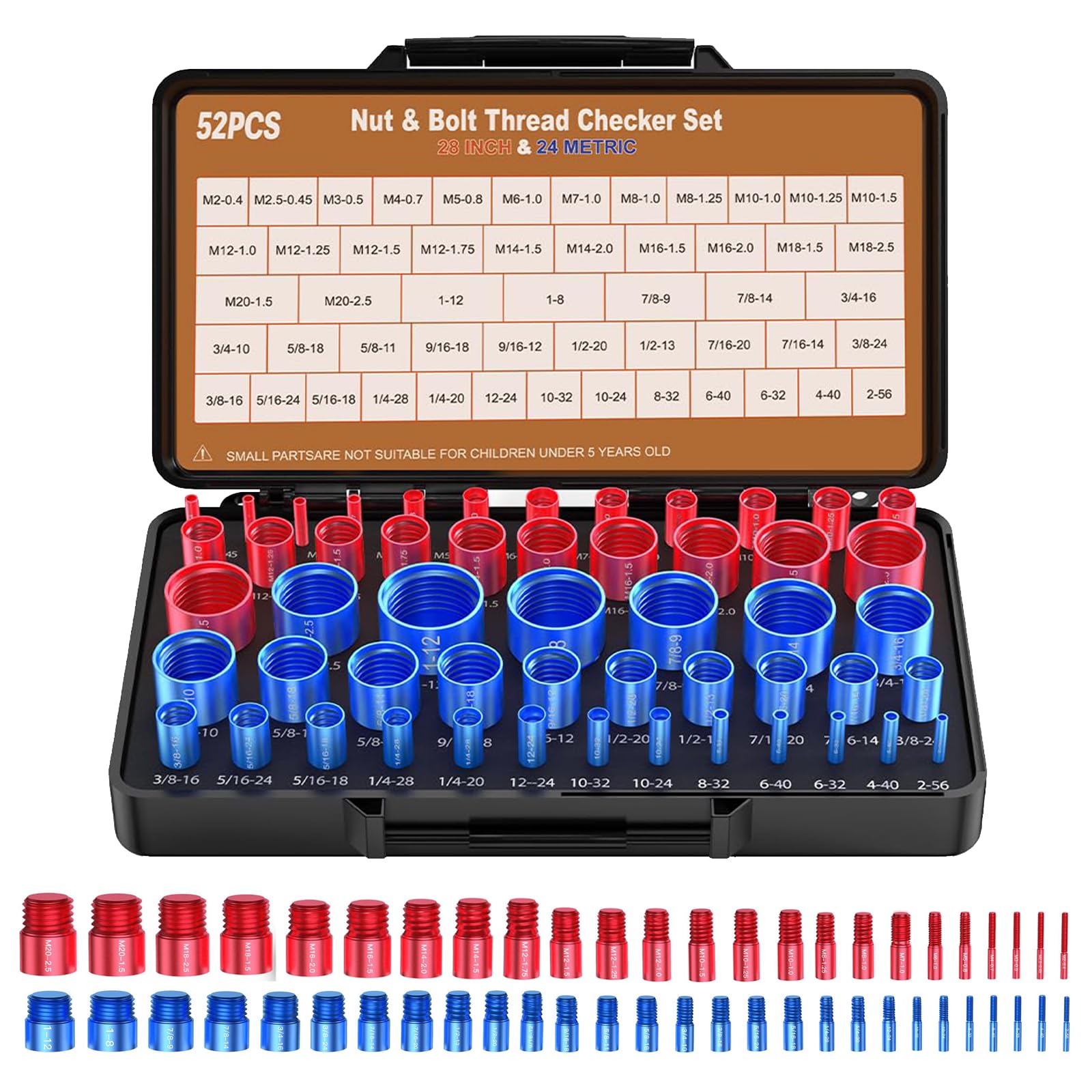 Misuratore di Filettature per Dadi e Bulloni 52 Pz Set, 28 Pollici & 24 Metrico, Custodia