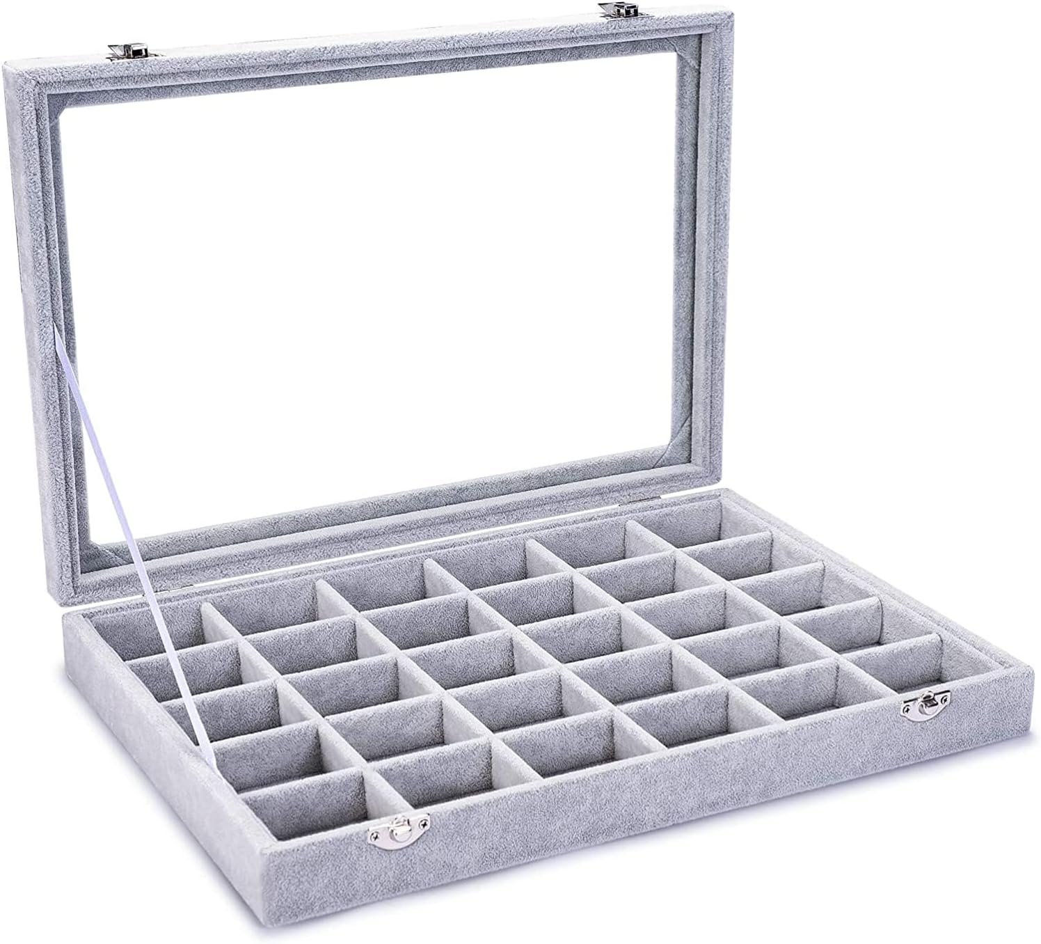 – 30 Grids Velvet Glass Jewellery Ring Bracelet Display Organiser Case Holder Earrings Storage Box