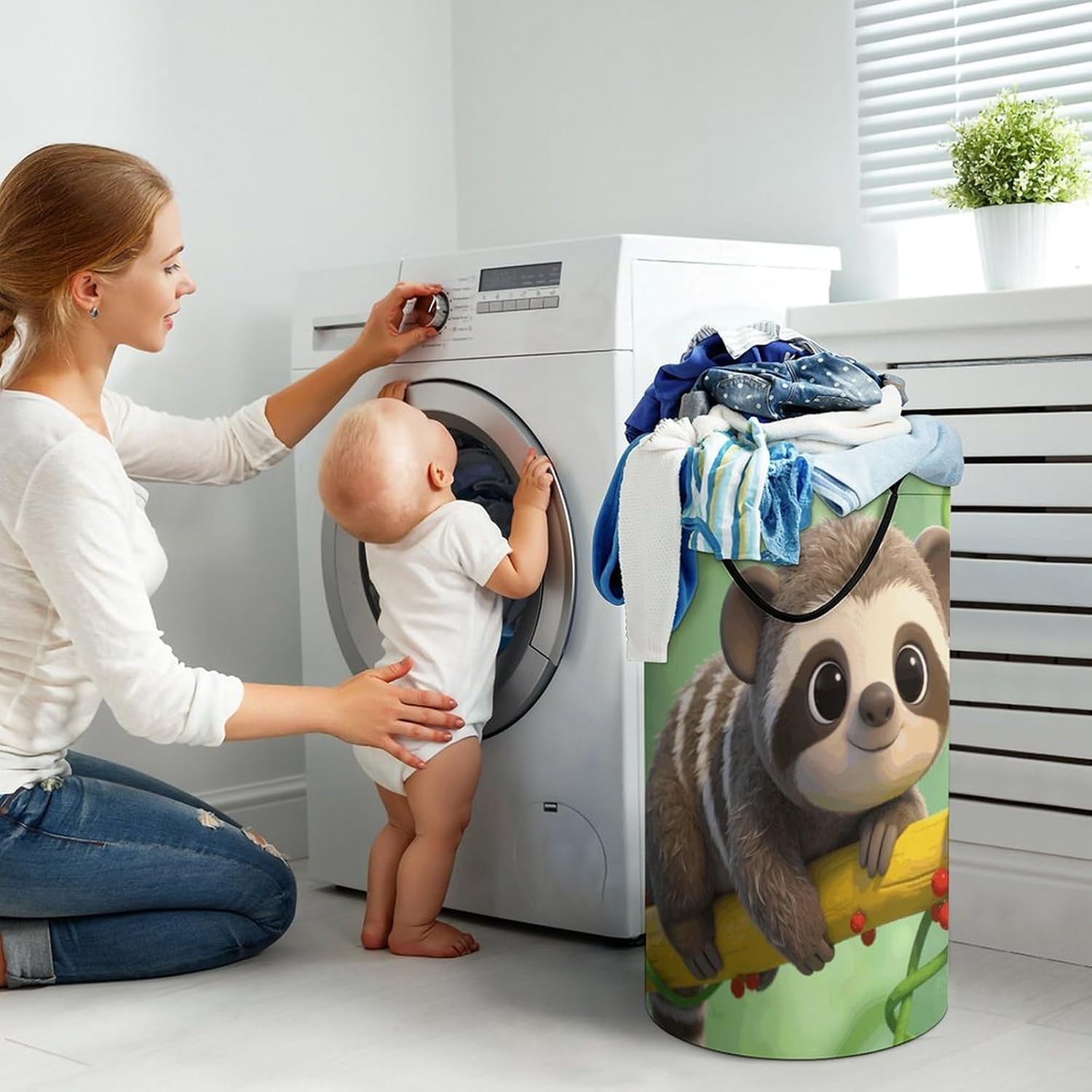 Sloth Laundry Hamper with Handles Waterproof Collapsible Laundry Basket Large Lightweight Round Dirty Clothes Hamper for Home Dorm Bathroom Decor