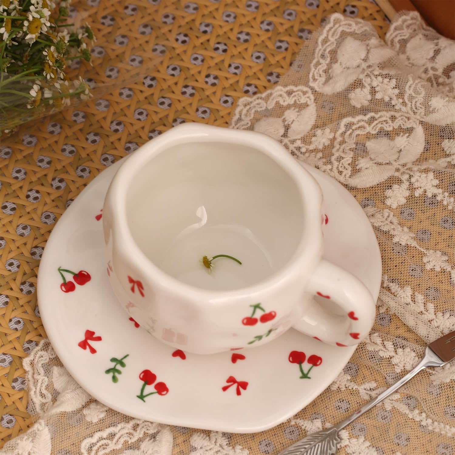 TREEWOO Hand Painted Cherry Ceramic Coffee Cup and Saucer Set, 300ml/10 oz, Korean Style, Hand Pinched Irregular Cappuccino Latte Tea Cup
