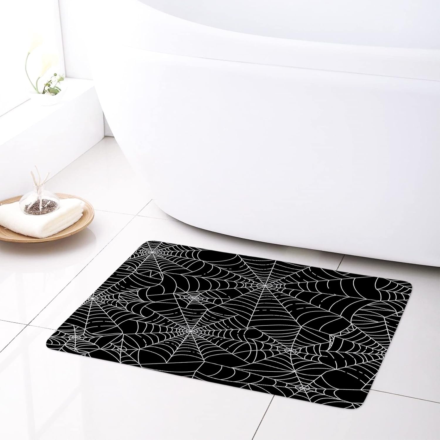 Scary Halloween Shower Curtain and Bathroom Rugs, Horror Black and White Spider Web Shower Curtain with Bath Mat, Spooky Halloween Night Shower Curtain Set, 72X72 inches
