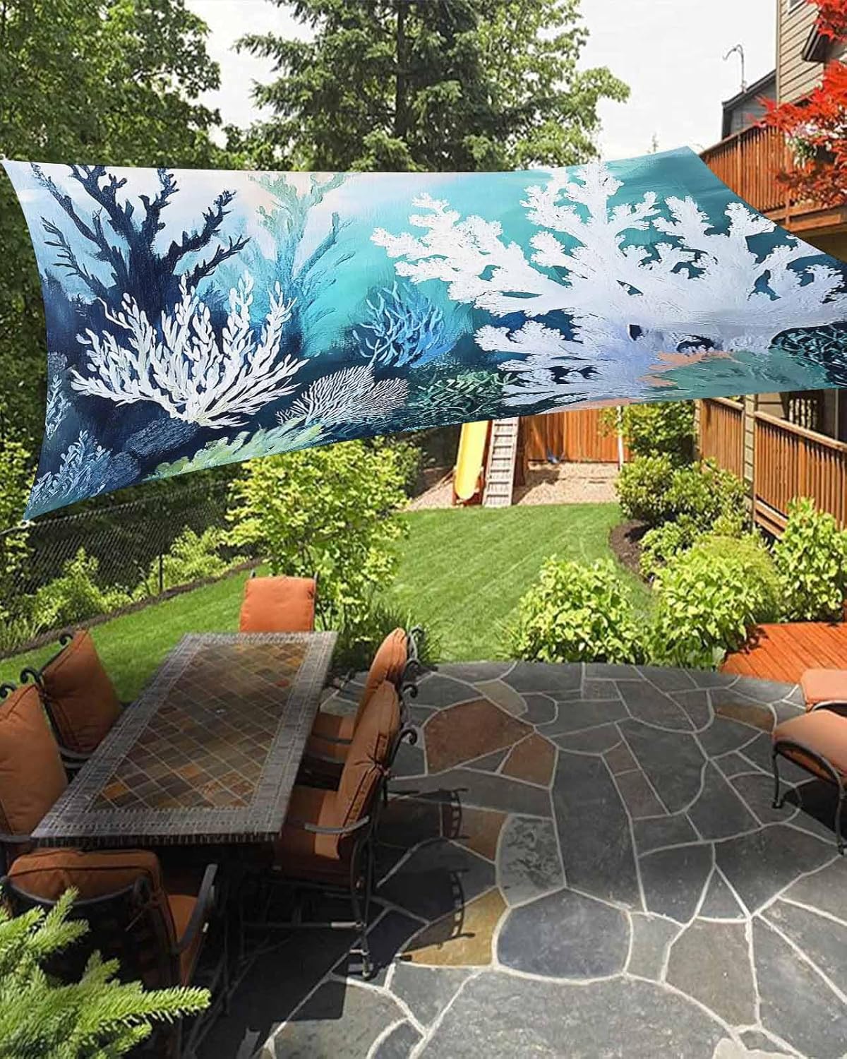 Sun Shade Sail 8'x10', Coastal Ocean Rectangle UV Block Outdoor Canopy Shades, Summer Vintage Colorful Coral Fabric Porch Shades Cloth Sunshade Covers for Patio/Backyard/Garden