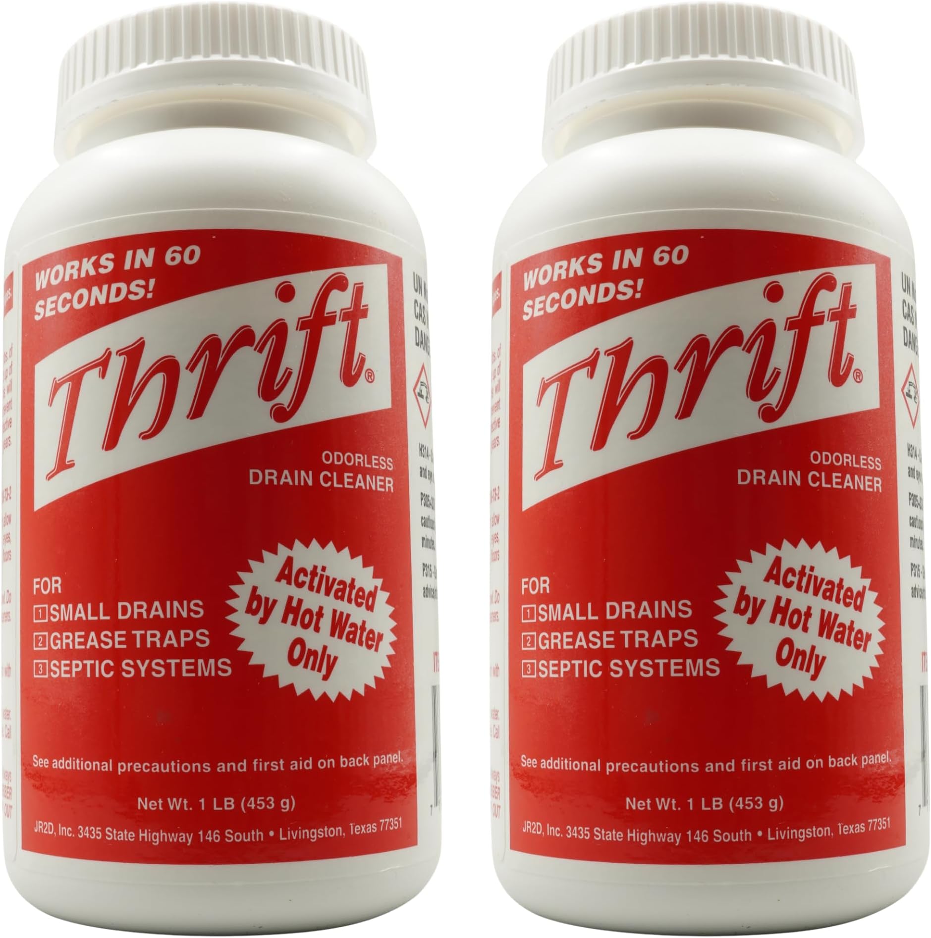 Thrift T-100 Odorless Drain Cleaner – Hot Water Activated Drain Cleaner for Small Drains, Grease Traps, Septic Systems & Sewer Lines – 1 Pound Bottle (Pack of 2)